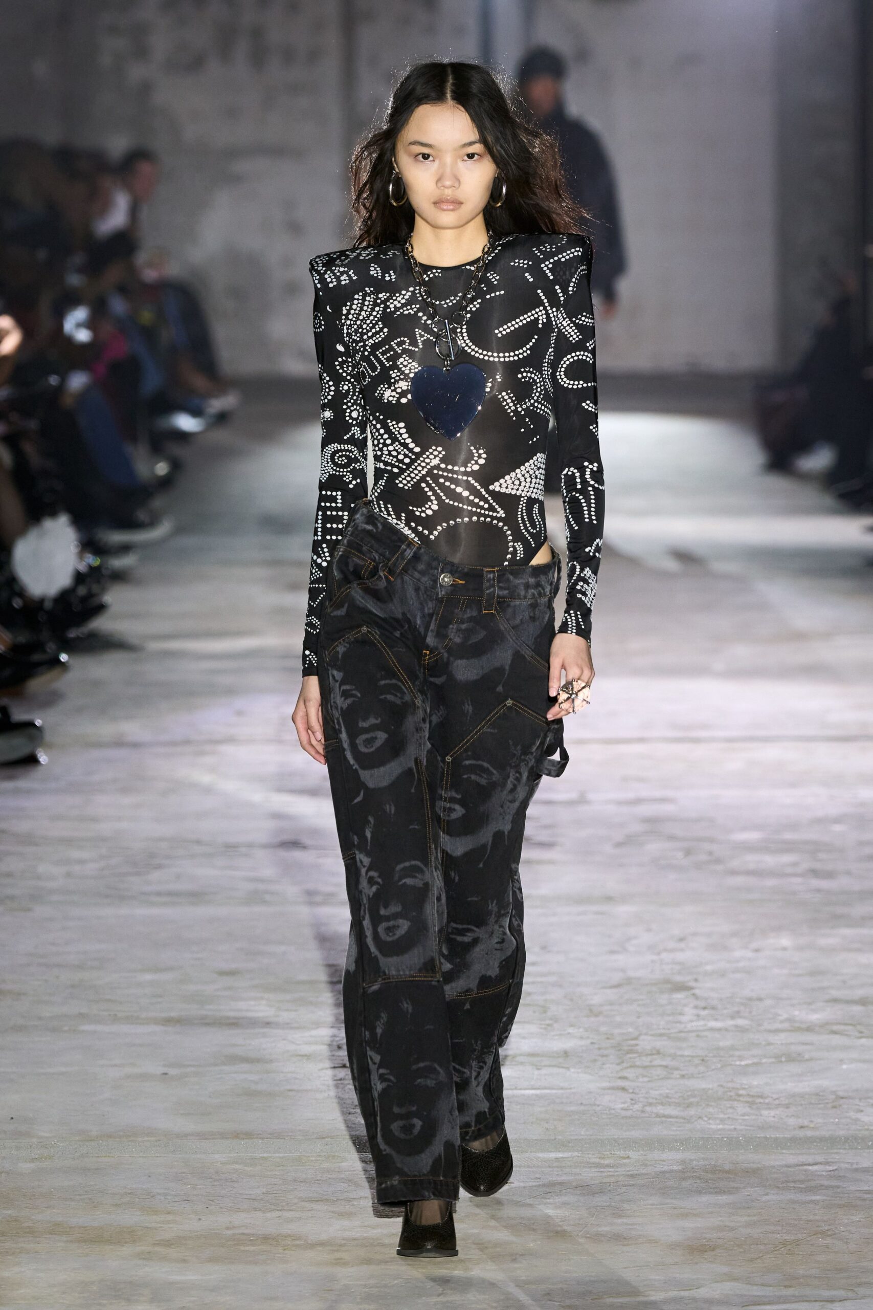 black printed fitted top with slim pants