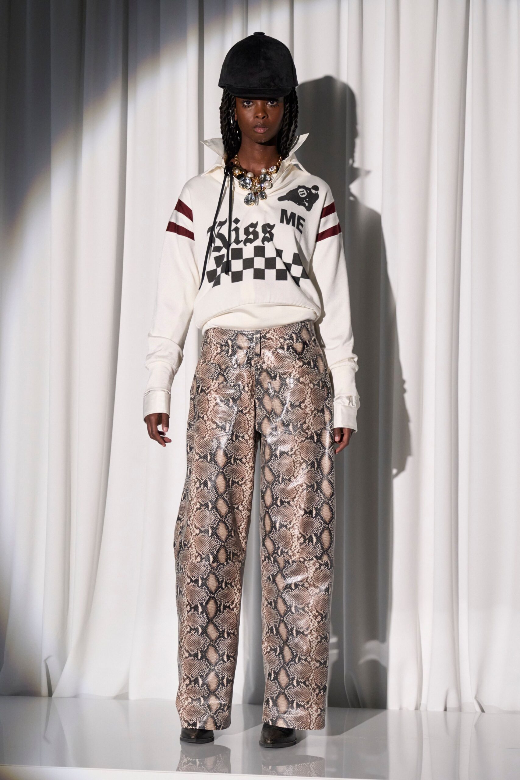 white hoodie with printed pants
