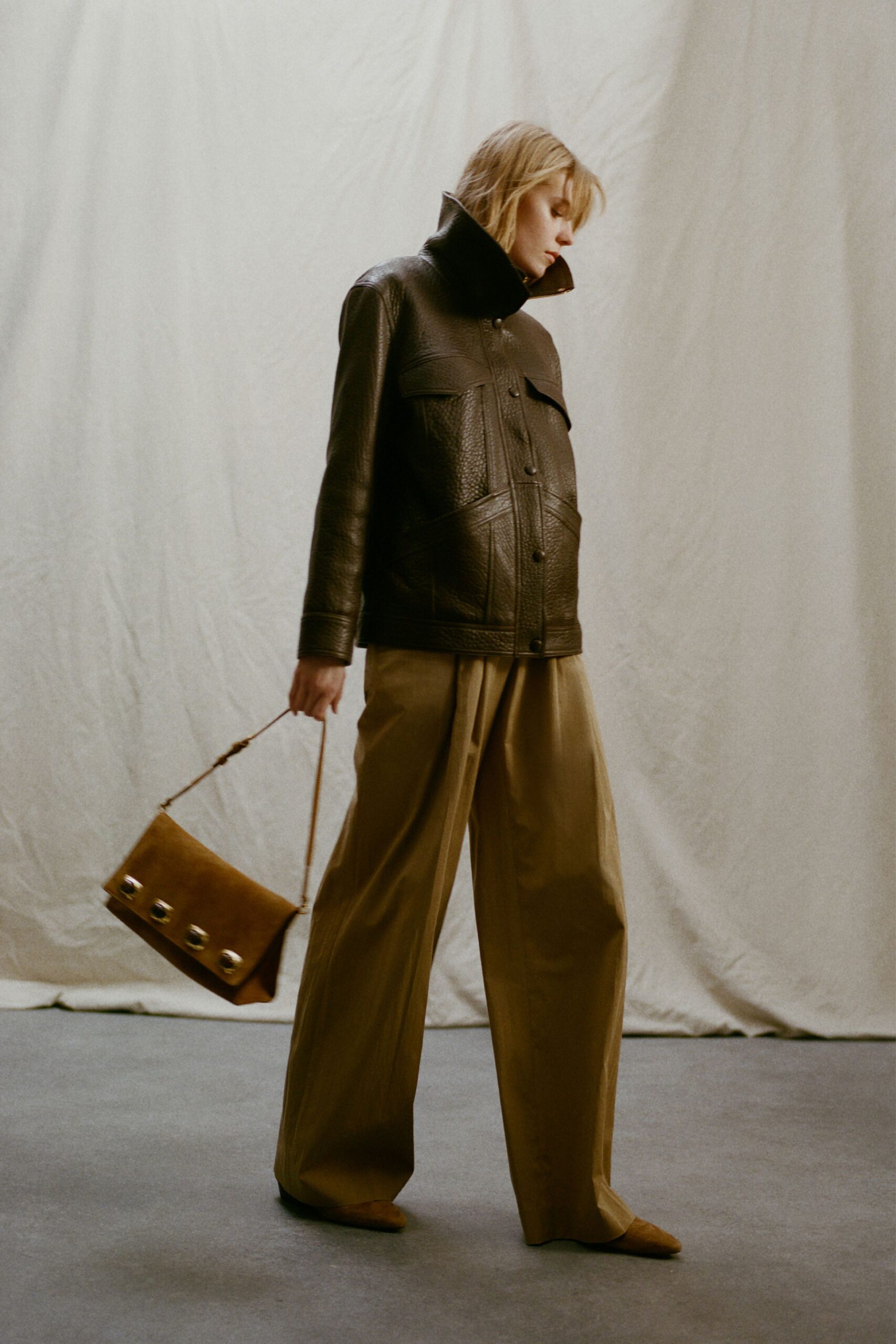 brown leather long-sleeve collared relaxed textured jacket