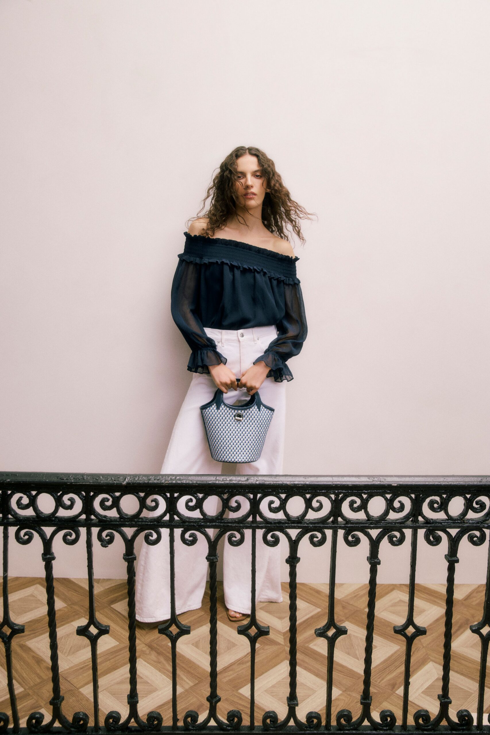 black silk long-sleeve off-shoulder fitted ruffled blouse