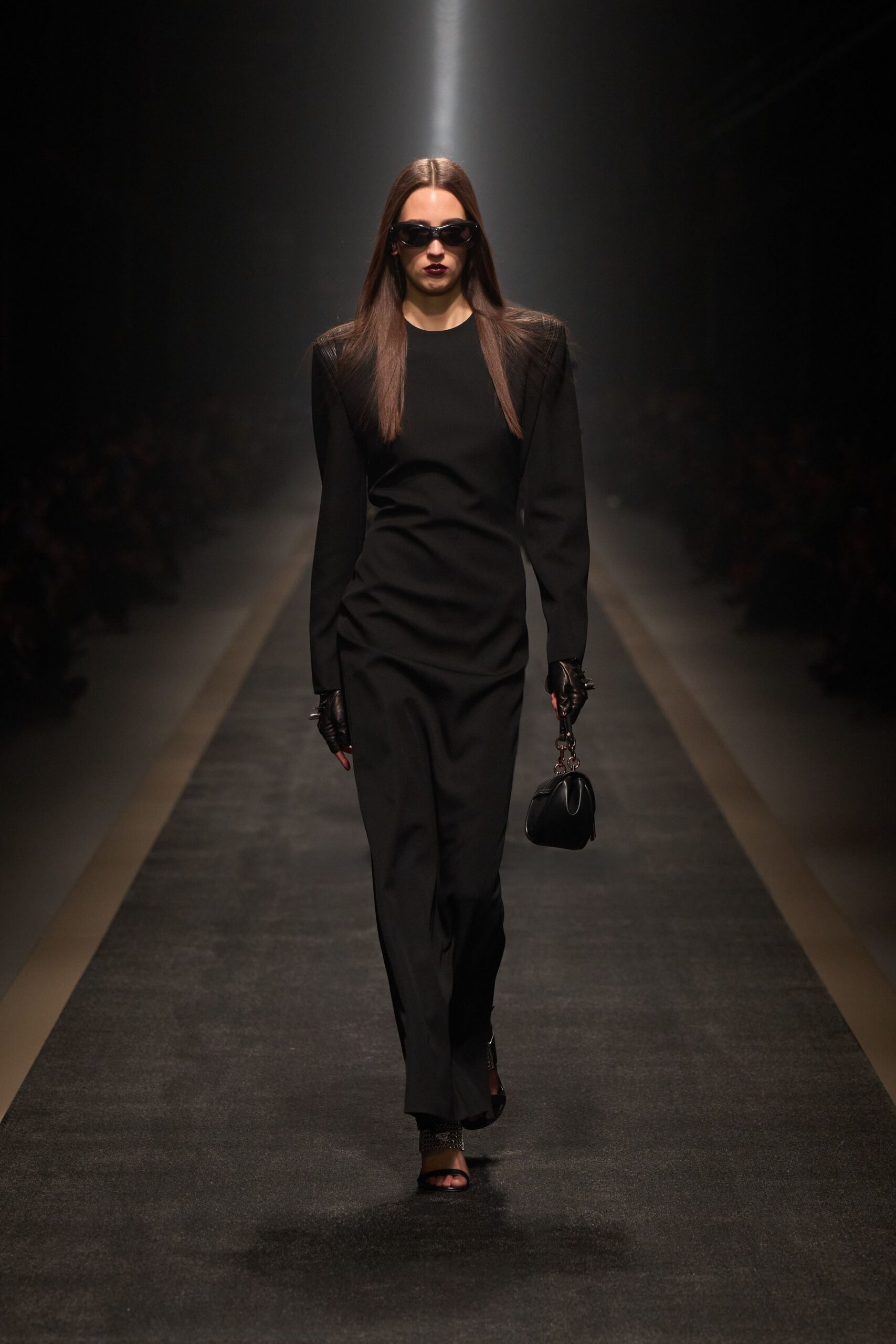black fitted midi dress with accessories