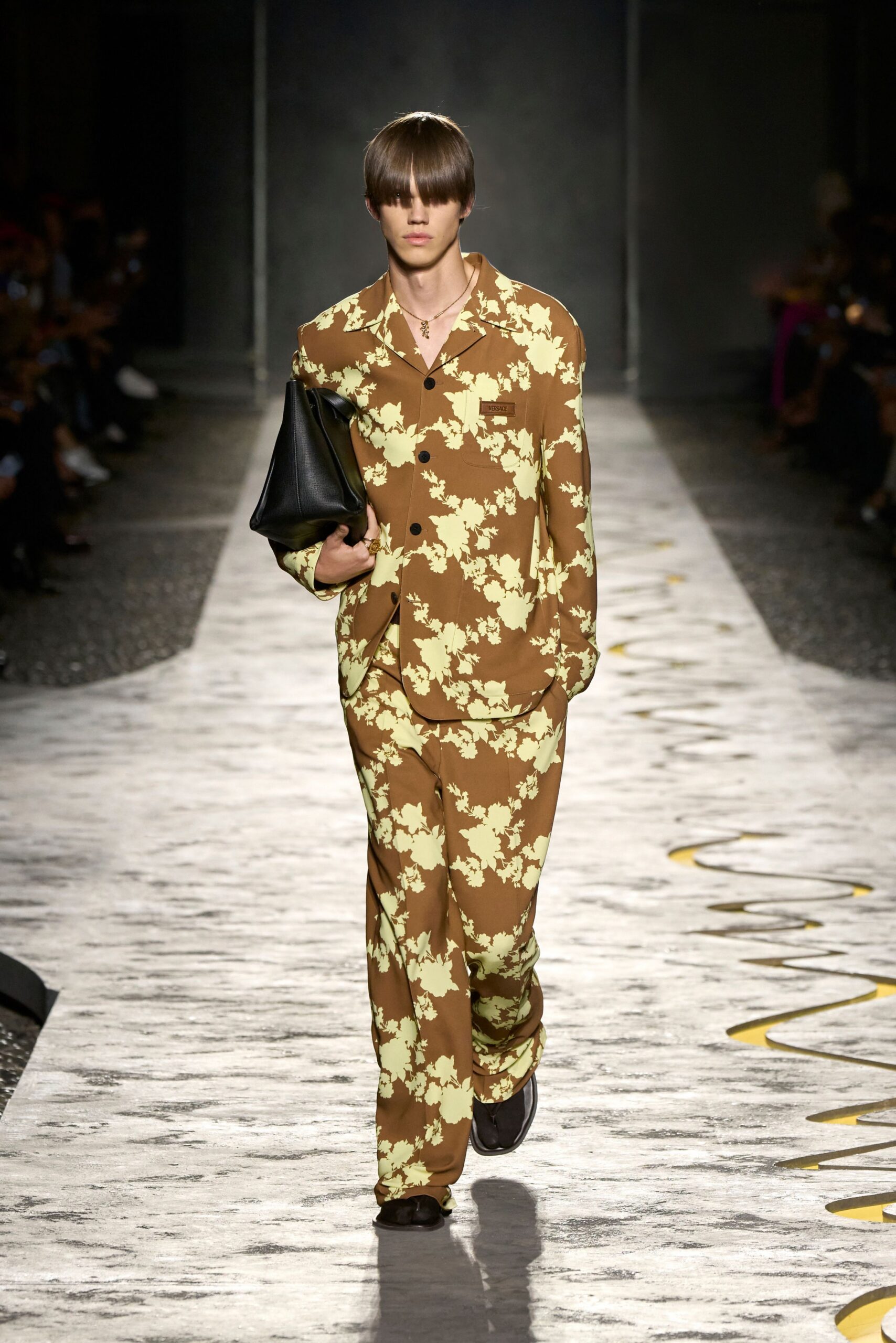 brown fitted floral suit