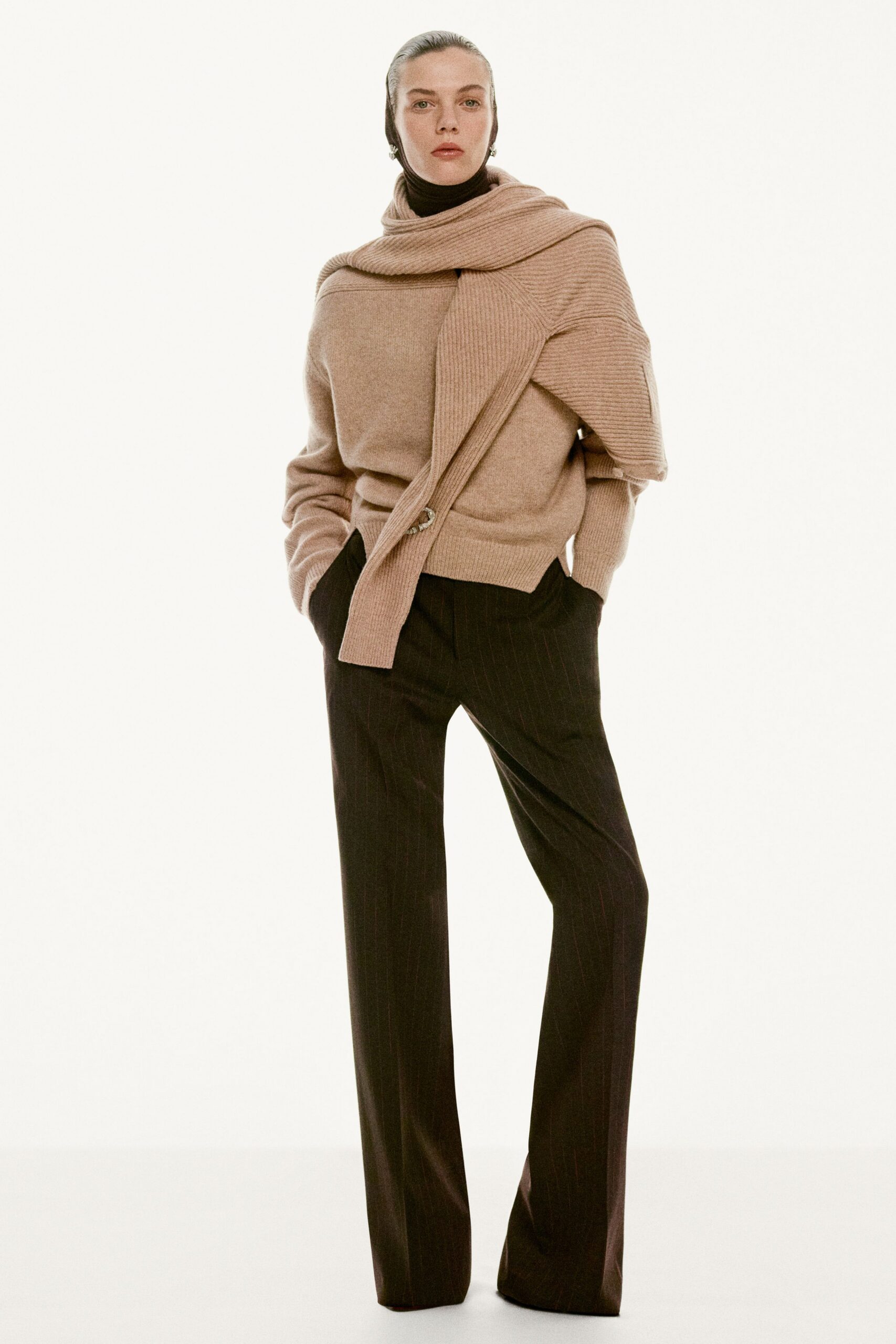 beige wool long-sleeve collared relaxed layered sweater