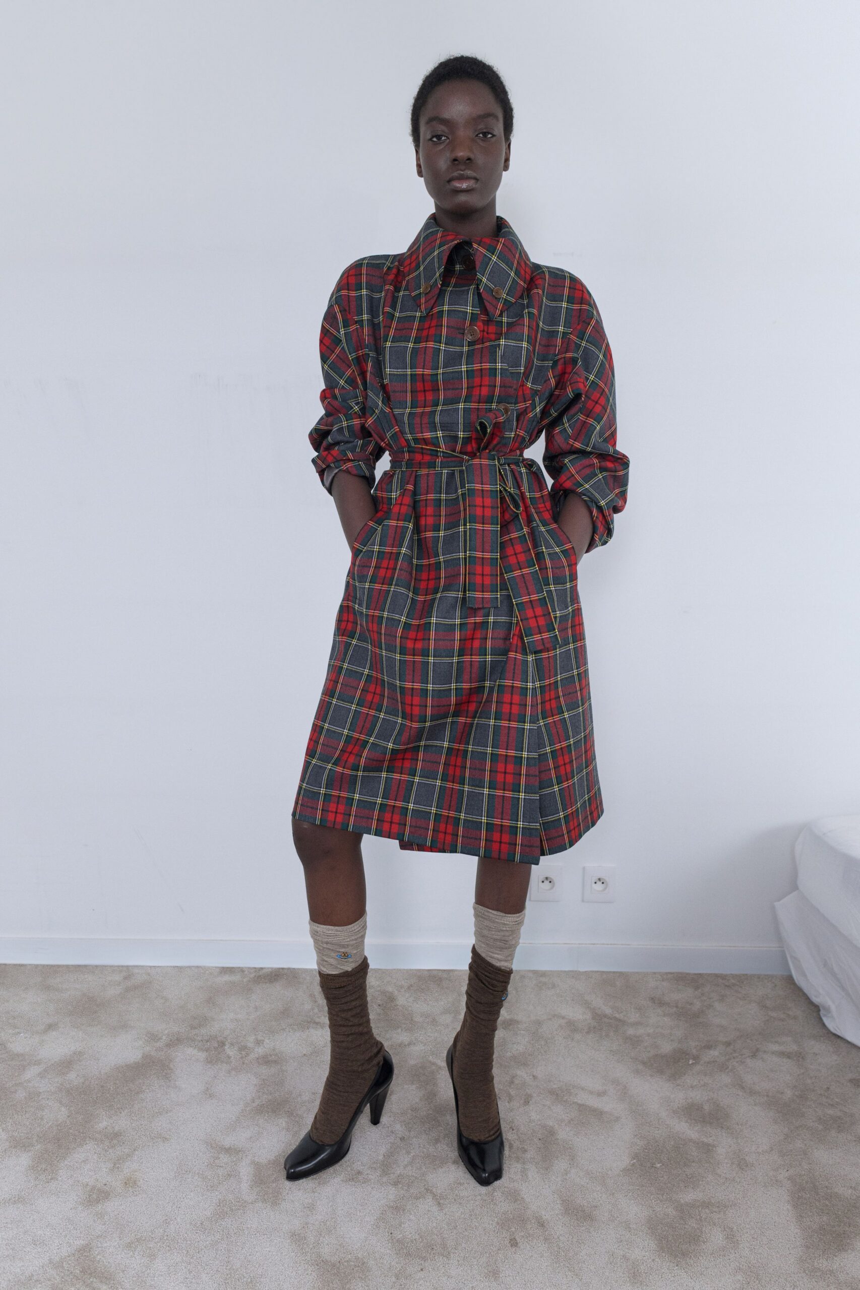 red cotton long-sleeve collared fitted checked belted dress