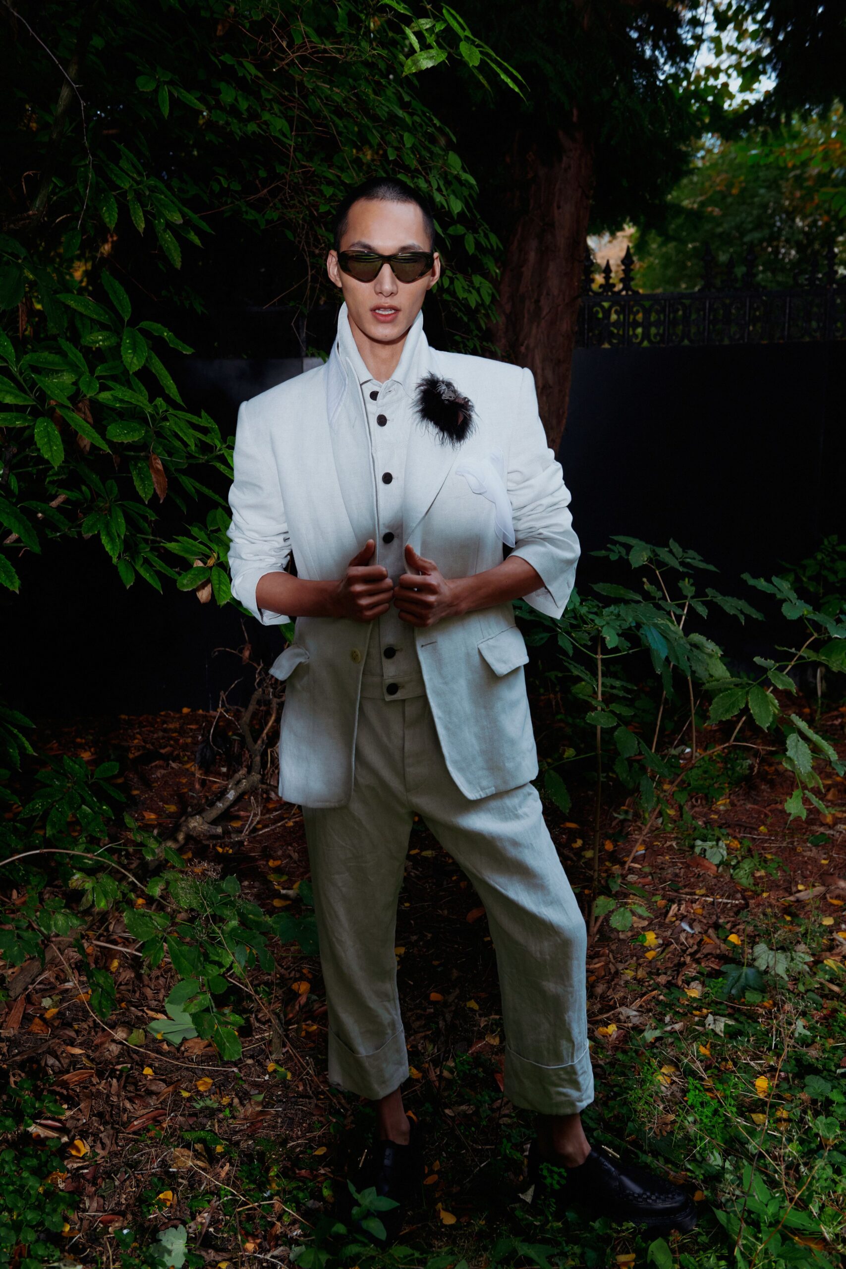 white tailored blazer with relaxed pants