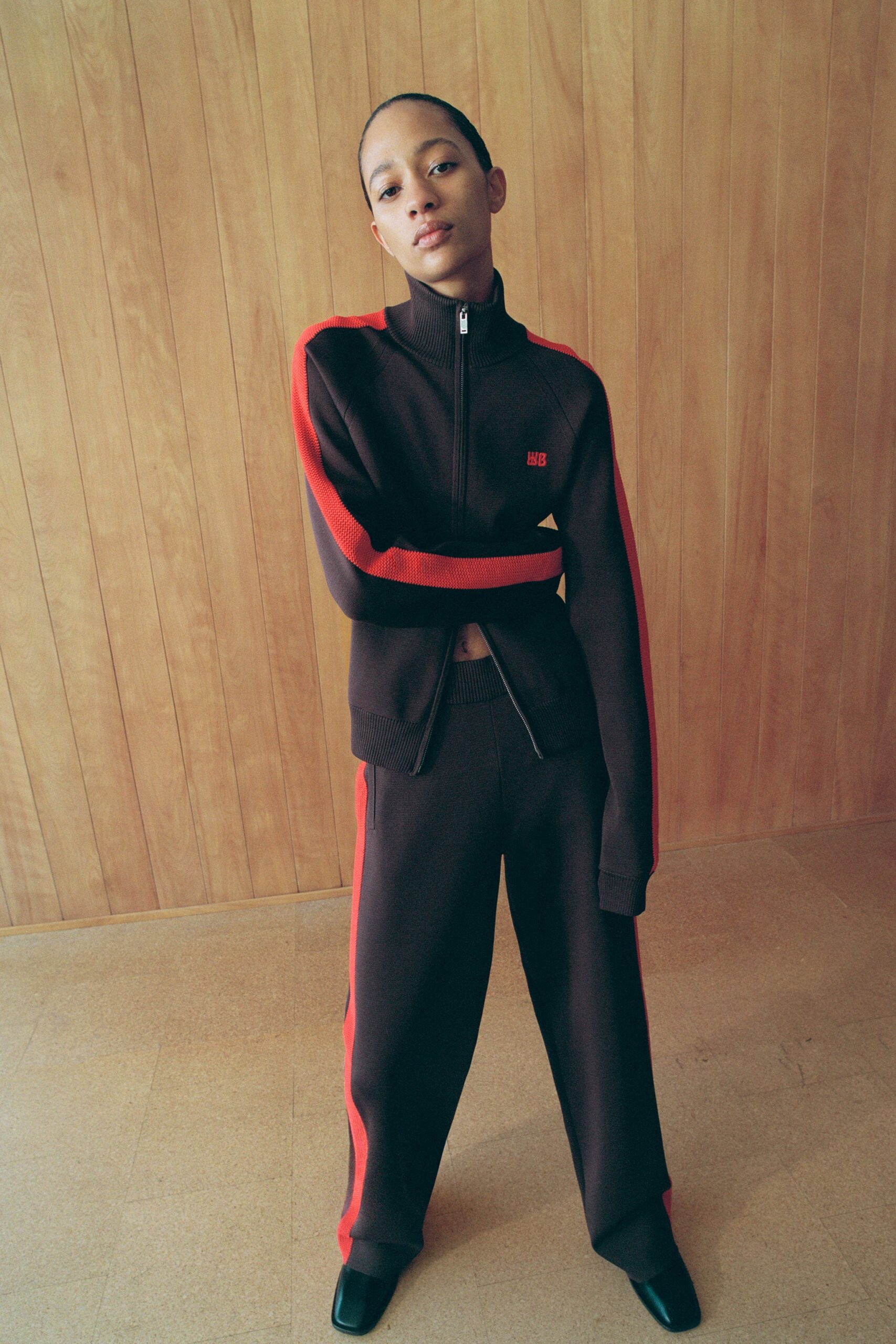 brown and red fitted jacket with relaxed pants
