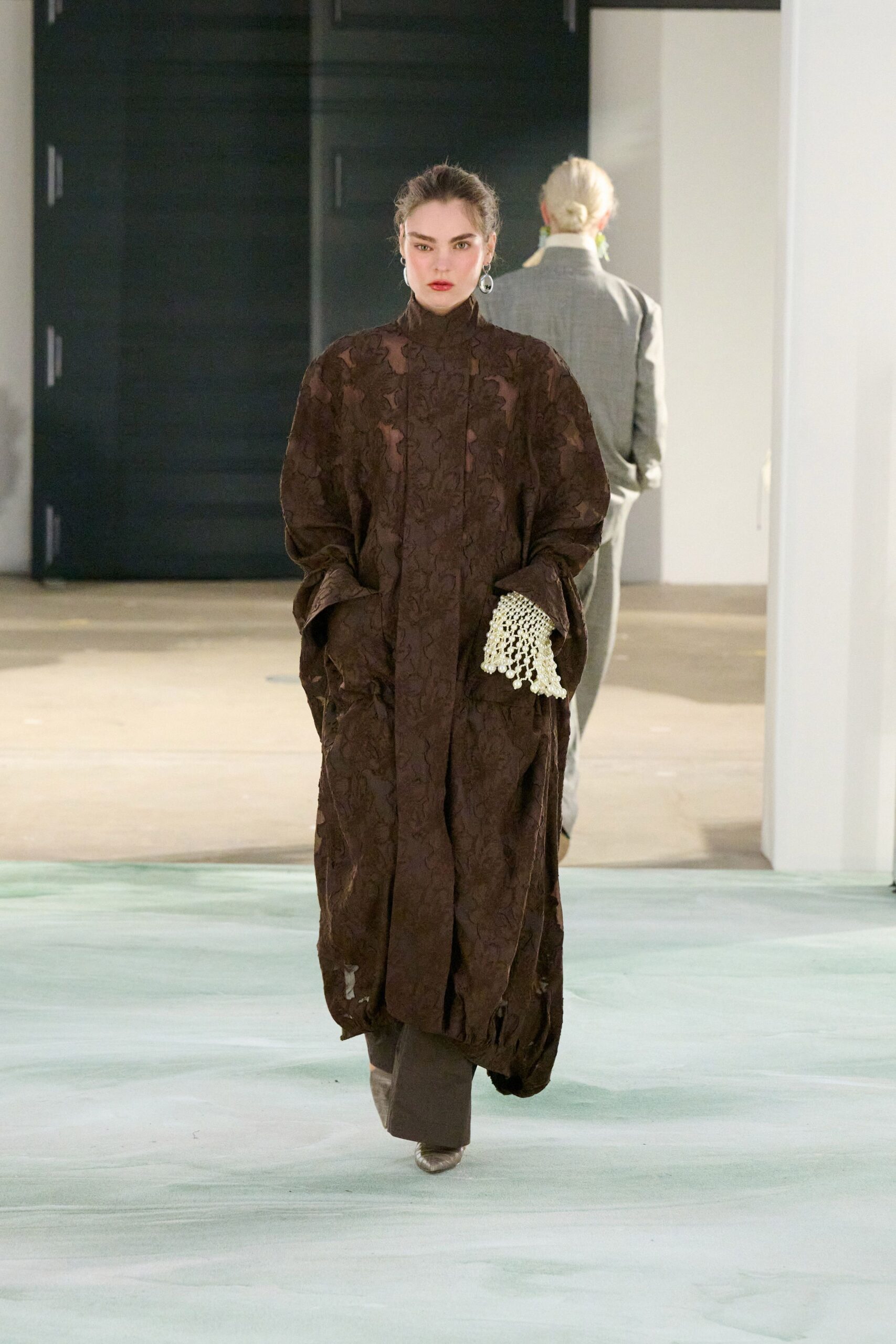brown silk long-sleeve collared oversized embroidered coat