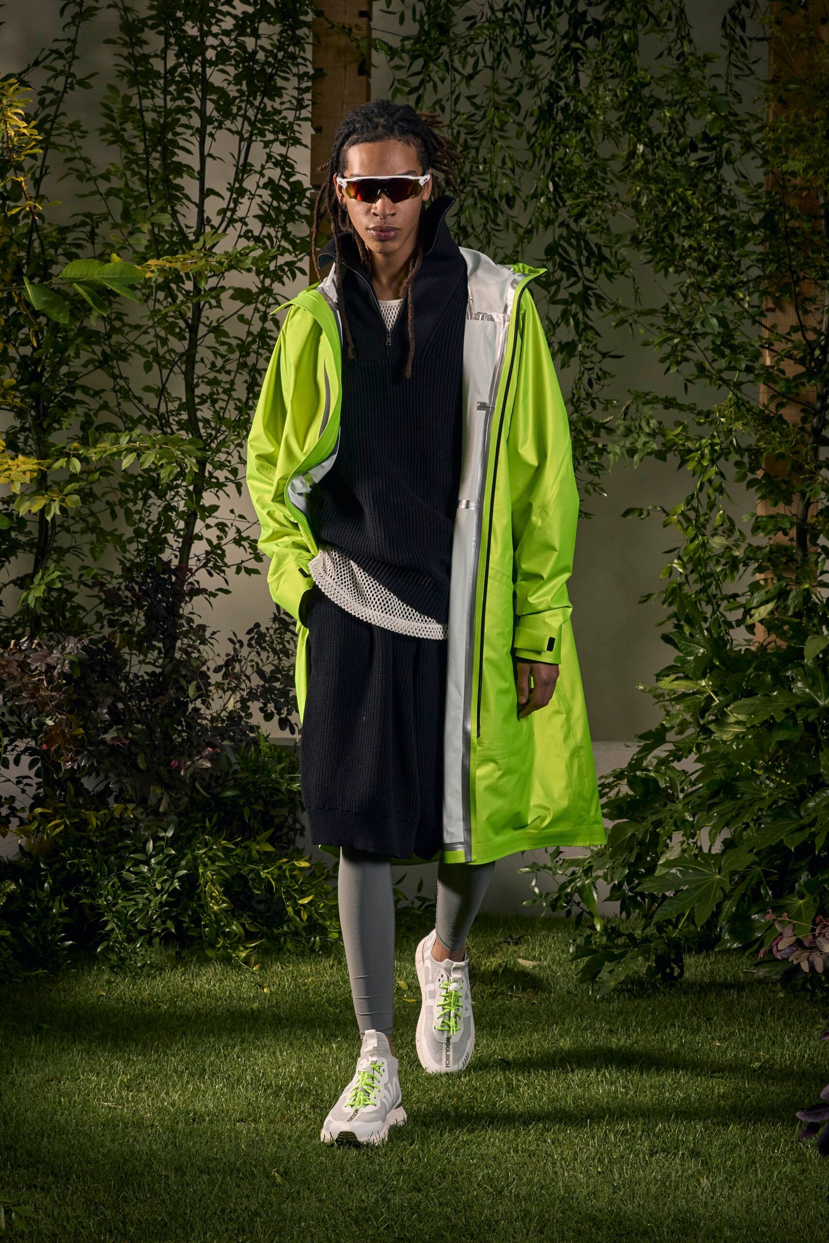 green vinyl long-sleeve hooded relaxed midi coat