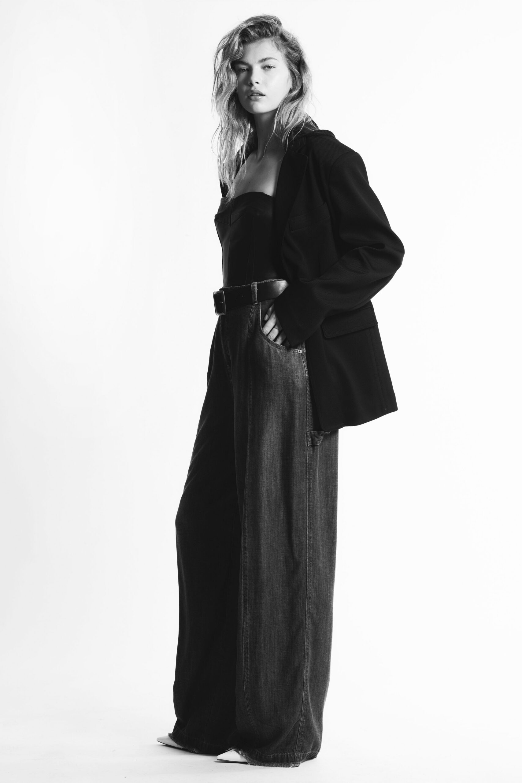 black blazer with bustier and wide-leg pants