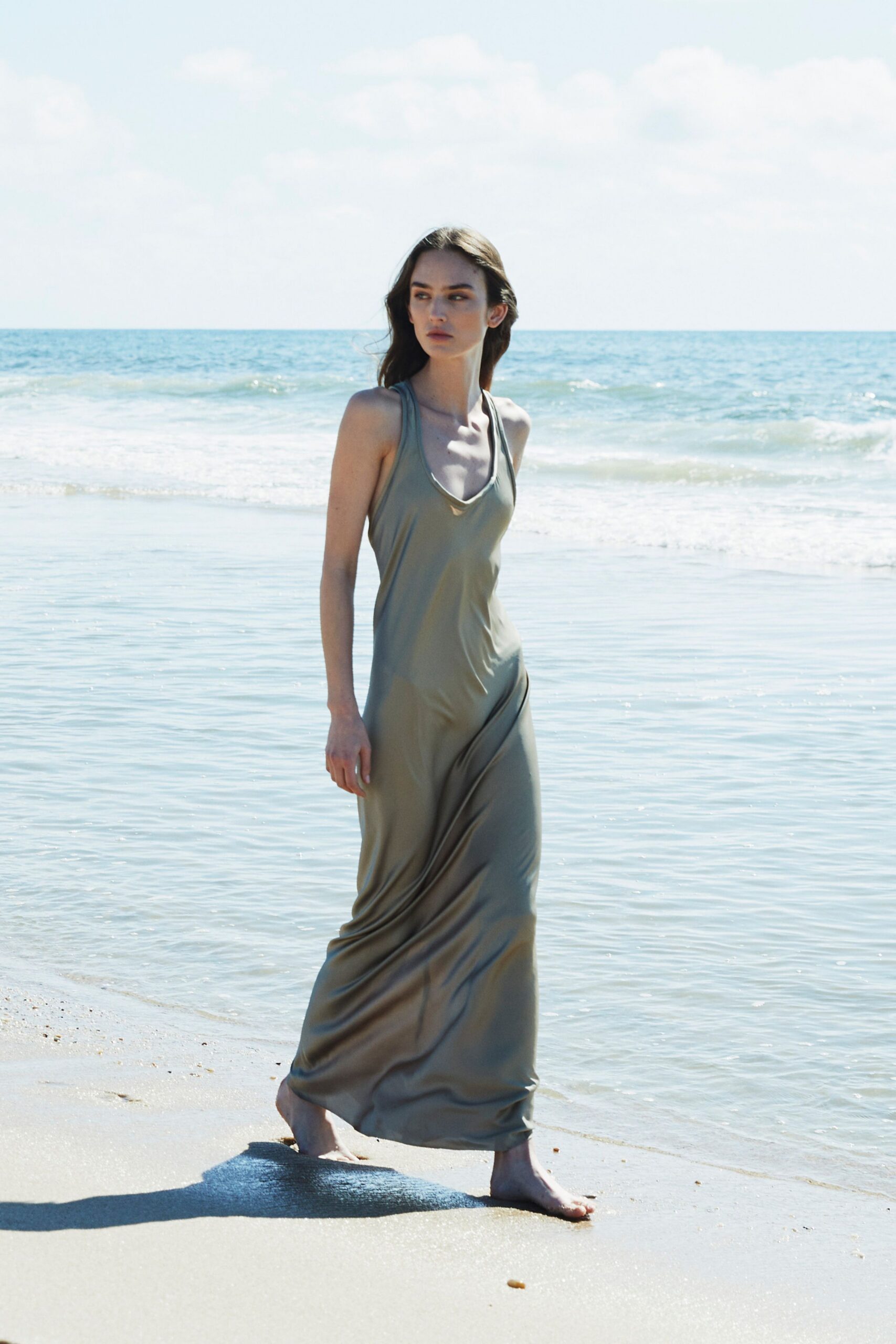 beige silk sleeveless maxi-dress