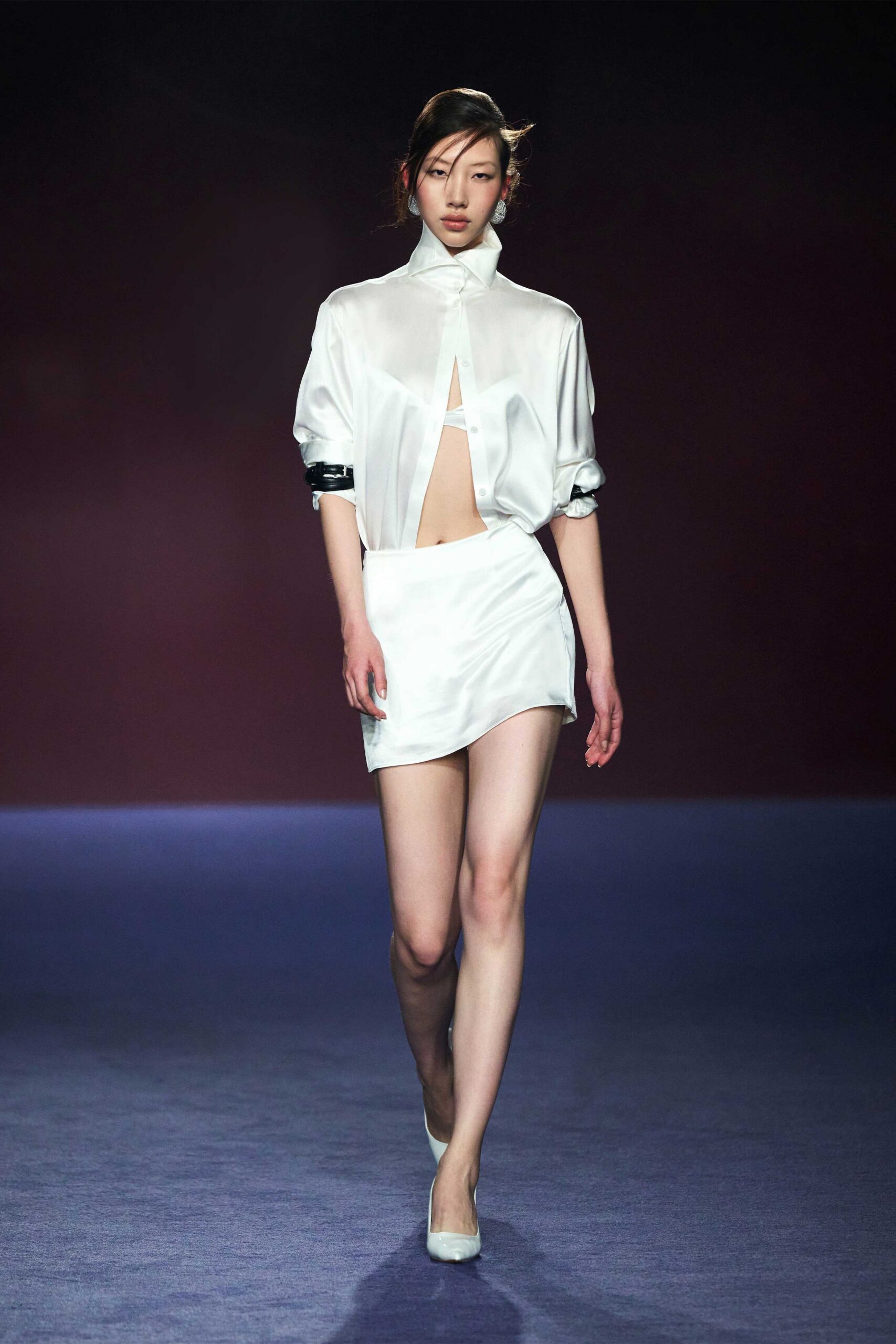 white silk shirt and mini skirt