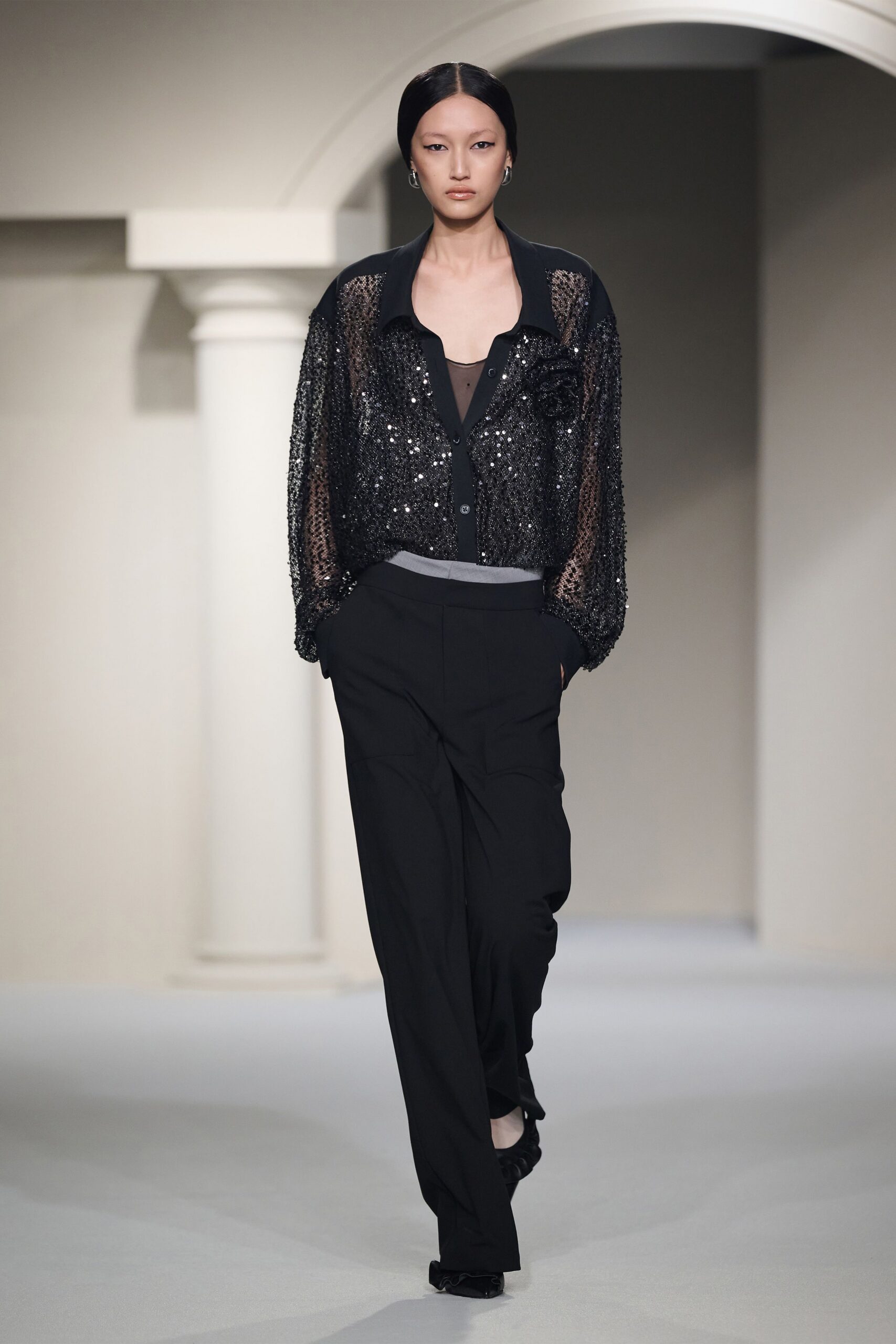 black sequin long-sleeve collared relaxed embellished shiny jacket