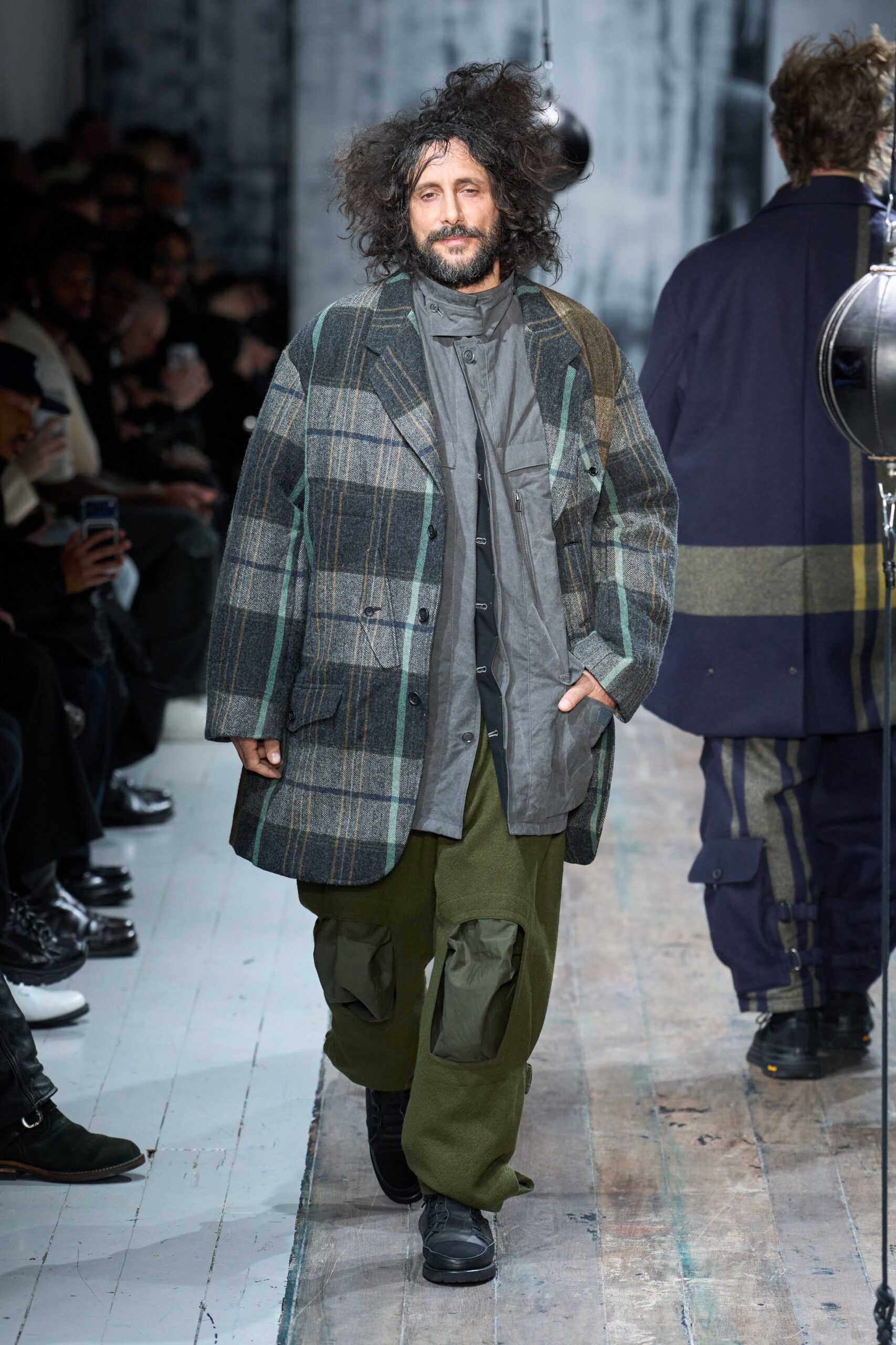 relaxed green coat with gray shirt