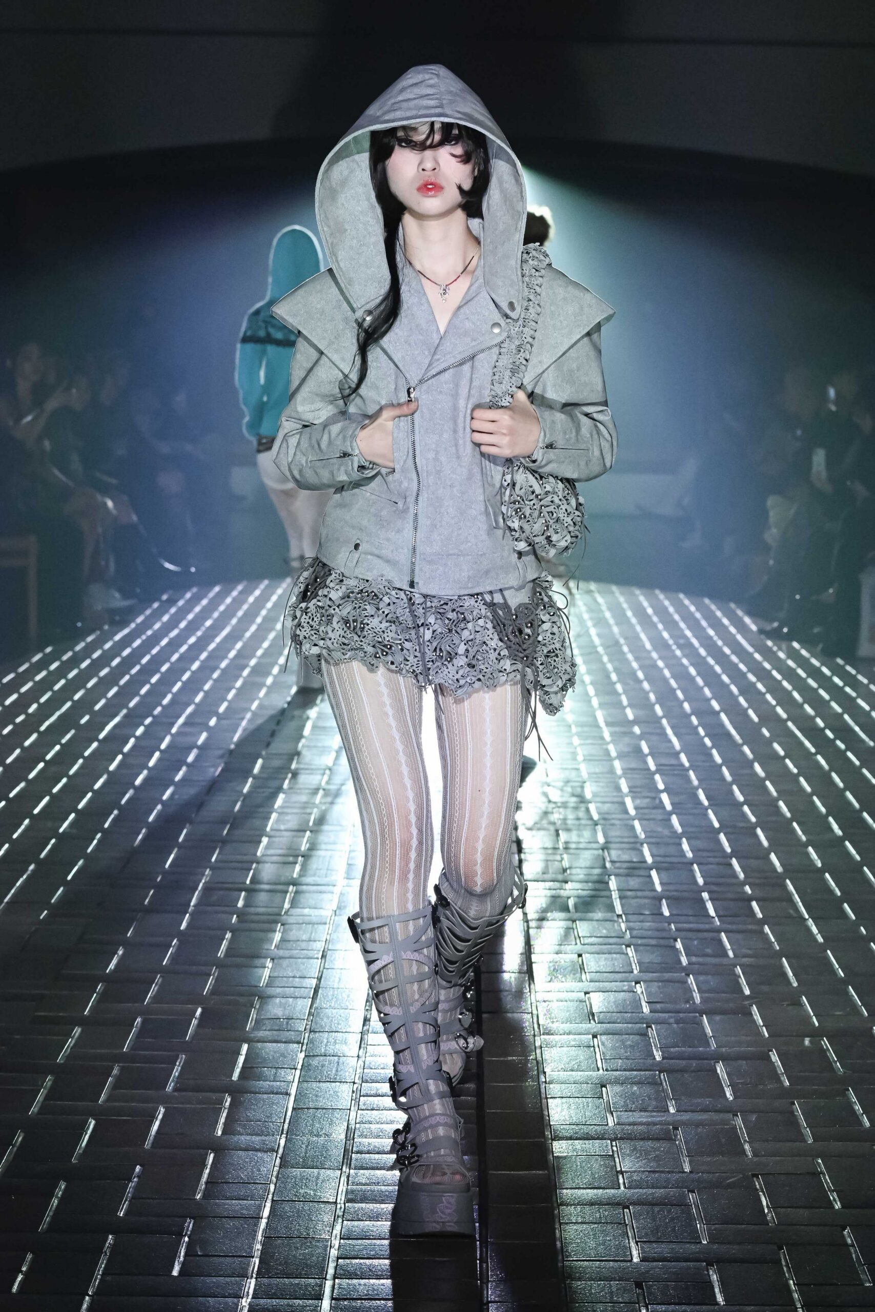 gray hoodie with lace skirt