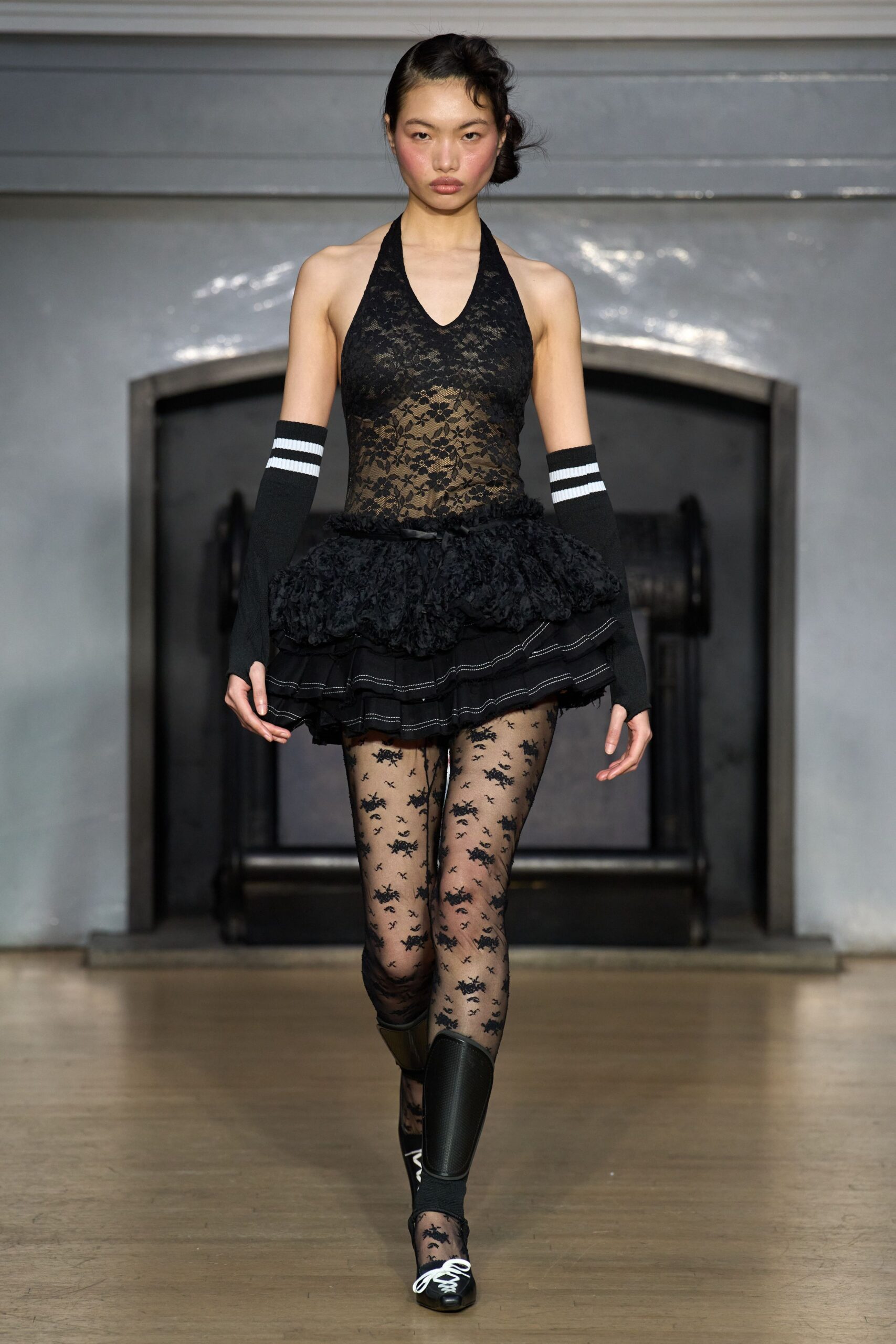 black lace top with tiered skirt