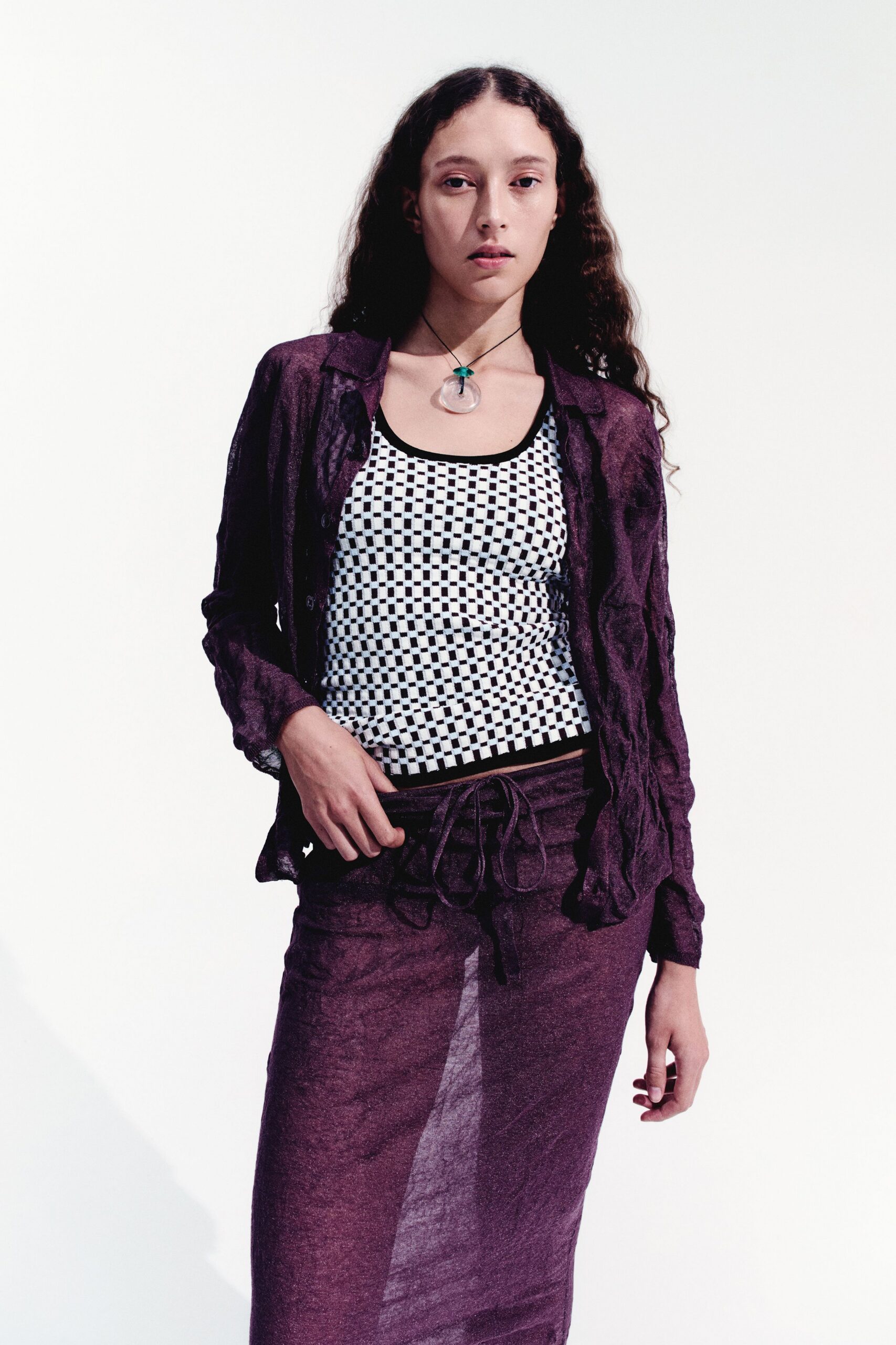 purple cotton fitted layered sheer midi skirt