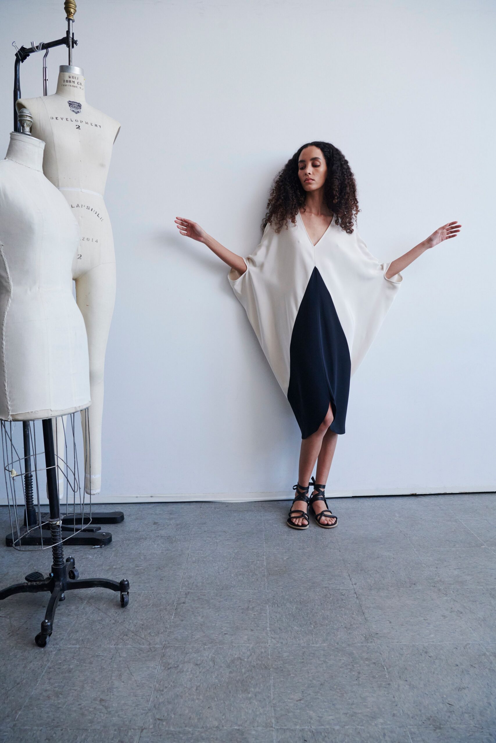 black and white draped midi dress