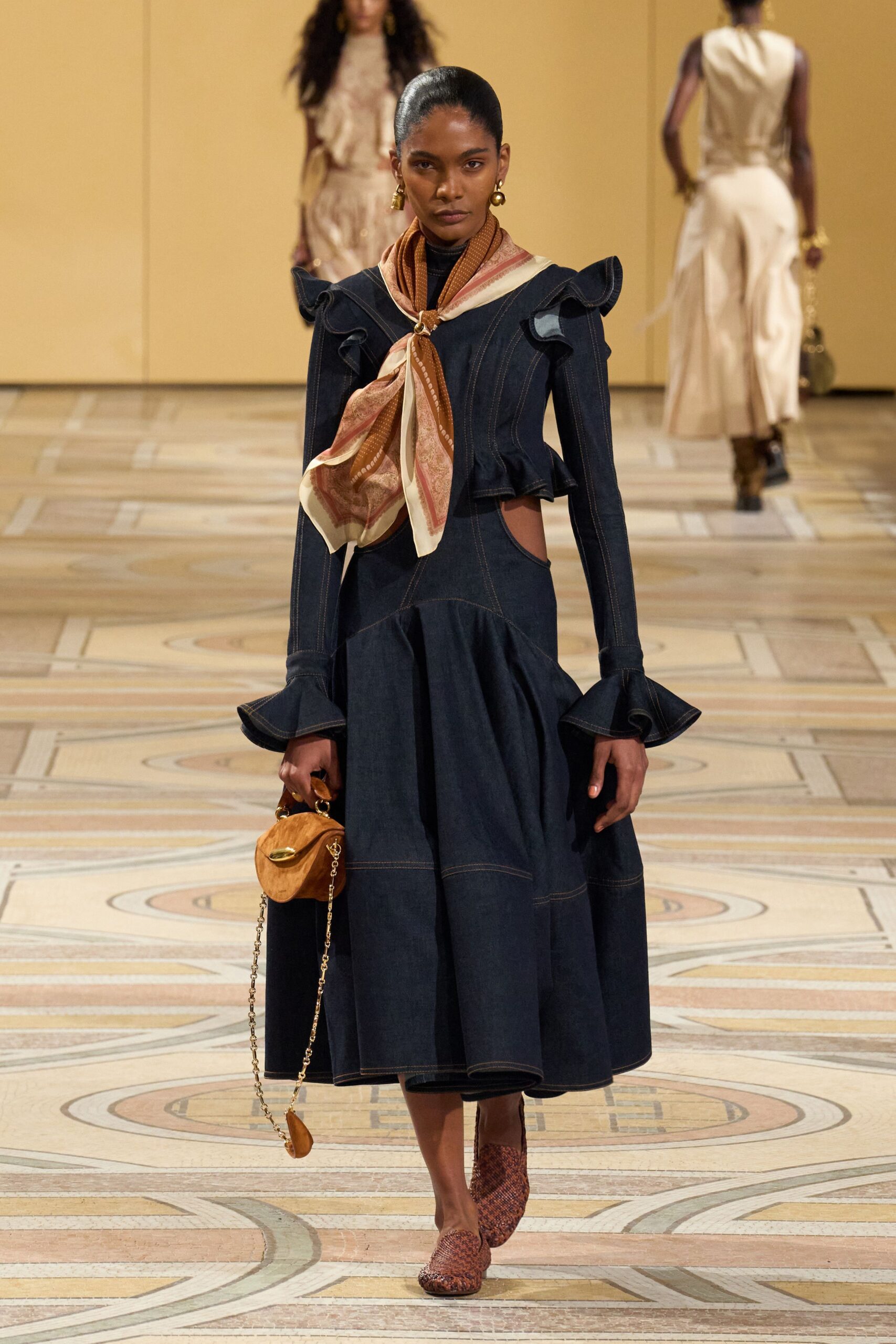 blue denim long-sleeve cutout fitted ruffled tiered dress