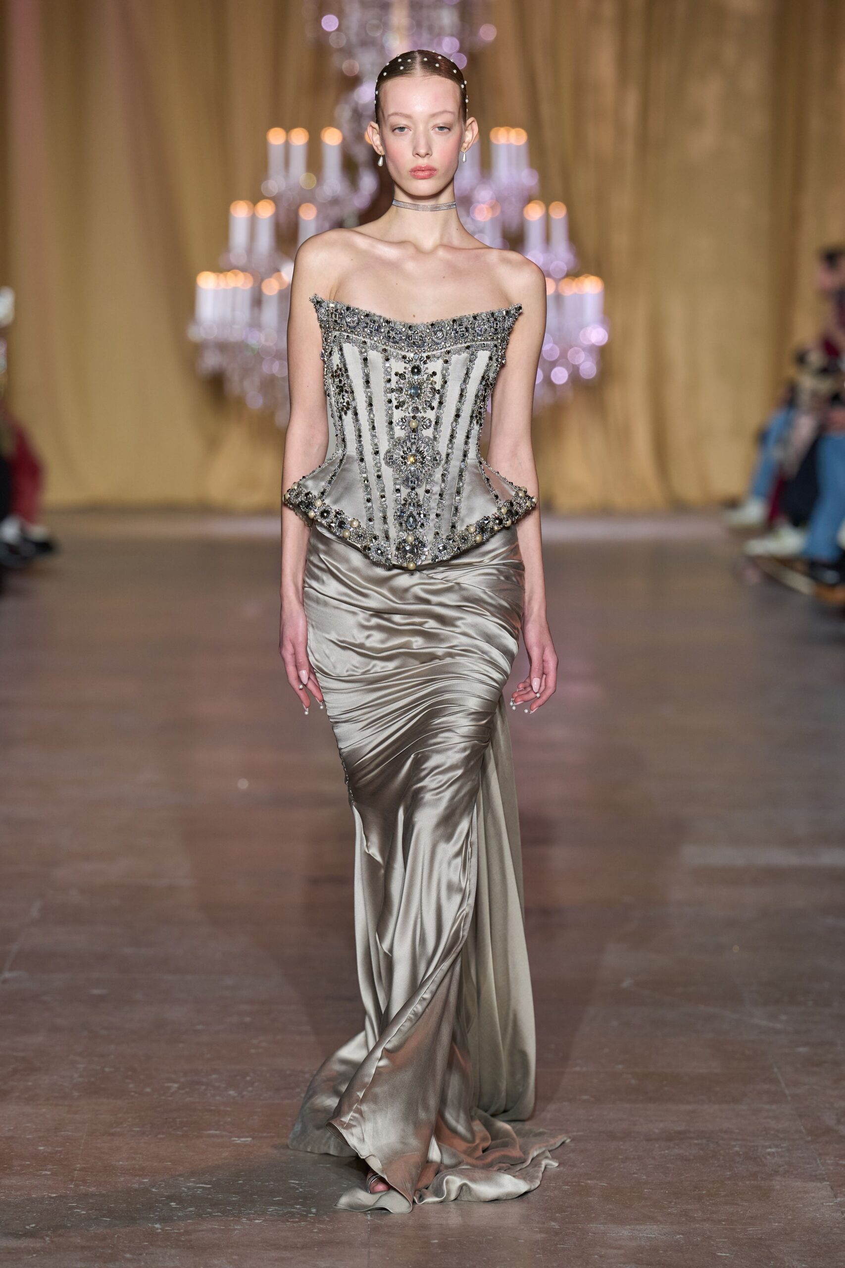 beige silk strapless gown