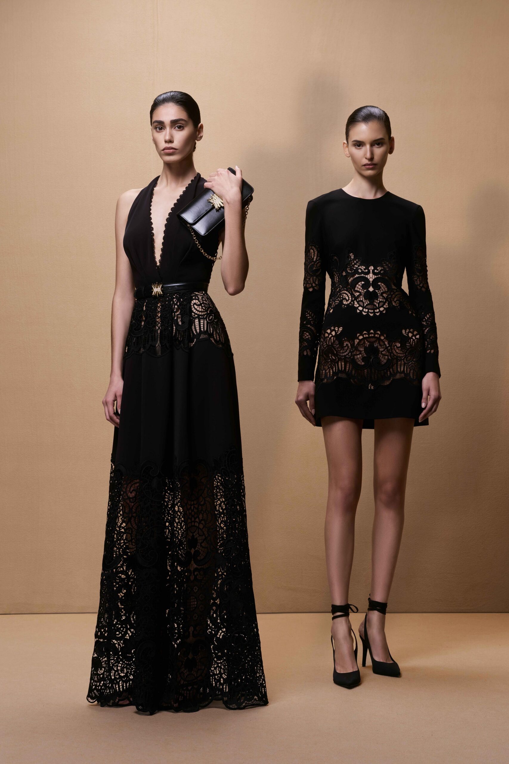 black lace long-sleeve v-neck fitted embroidered pencil dress