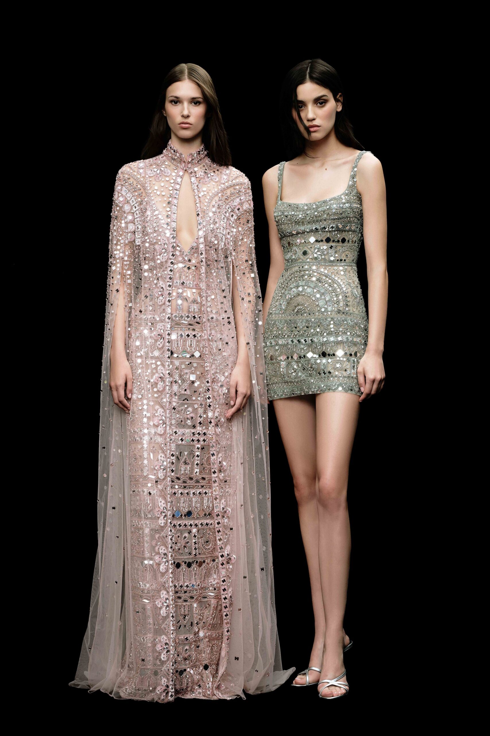 pink silk sleeveless high-neck fitted embroidered layered gown