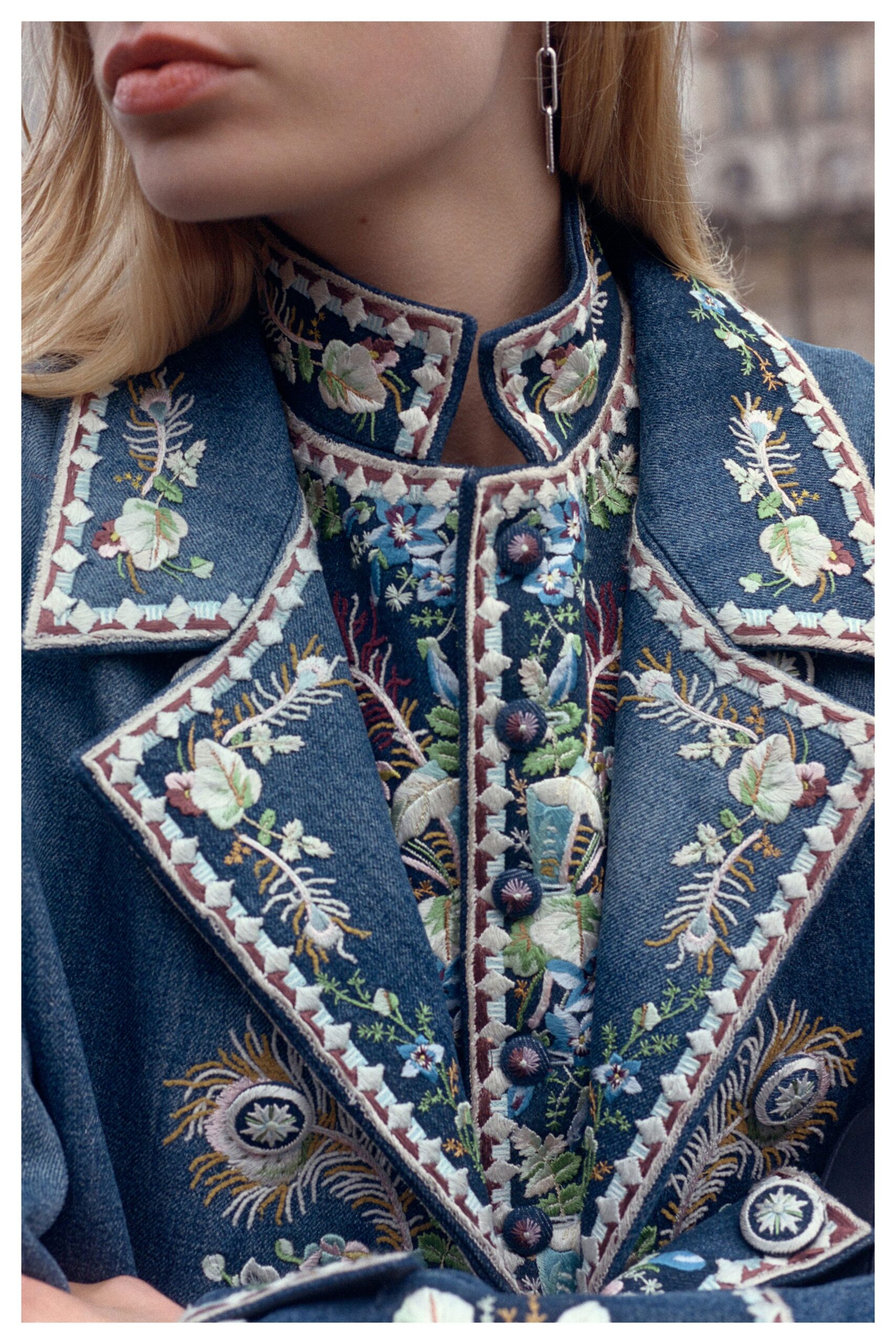 blue denim long-sleeve collared fitted embroidered buttoned blouse