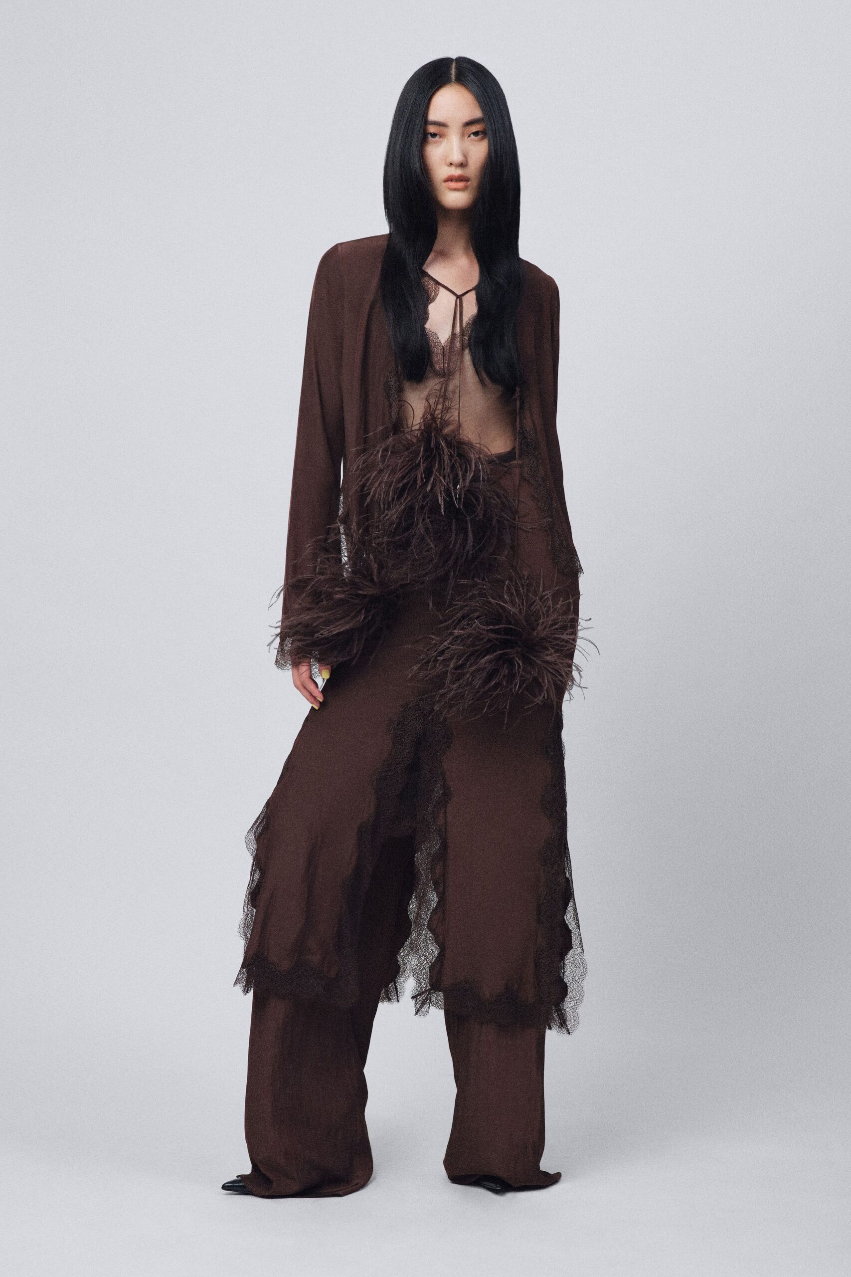 brown silk long-sleeve v-neck relaxed ruffled layered top