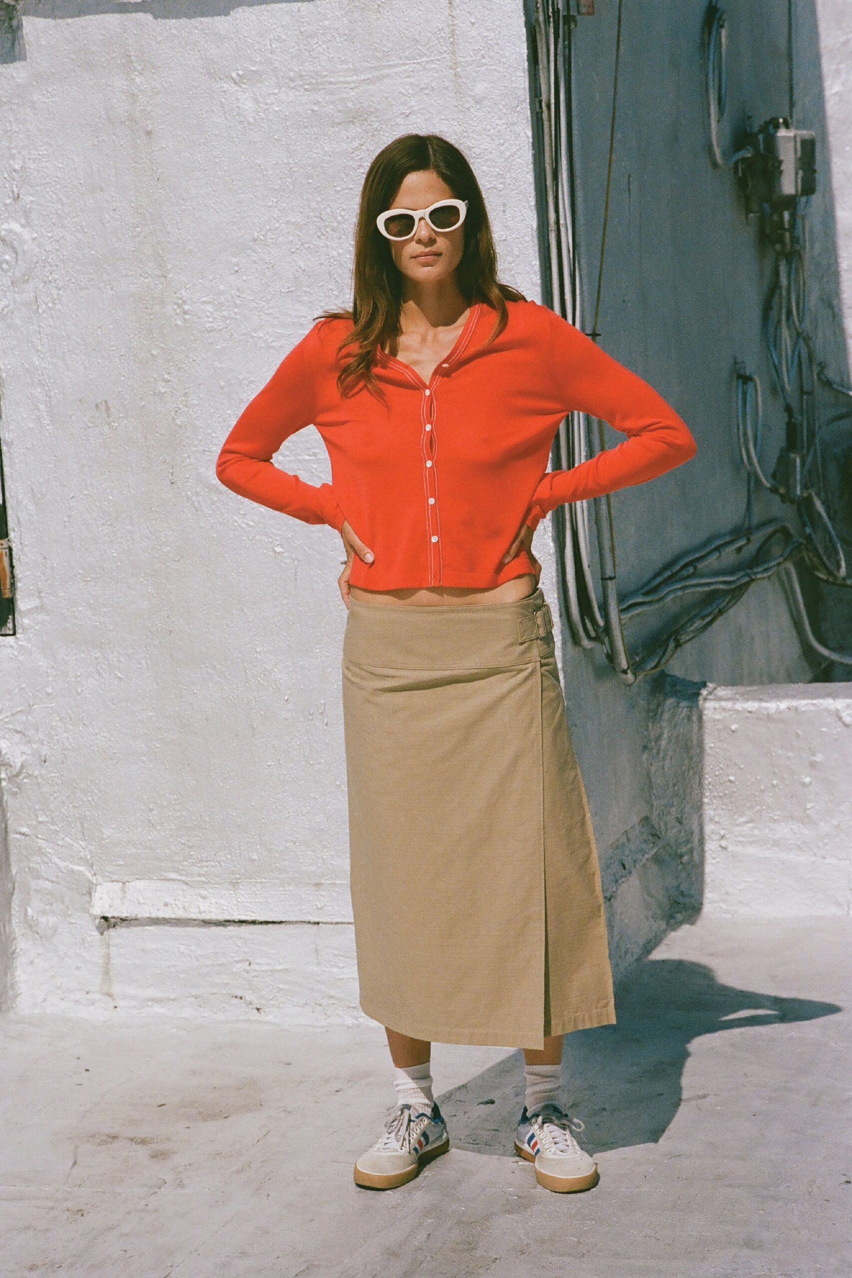 beige cotton asymmetric relaxed skirt