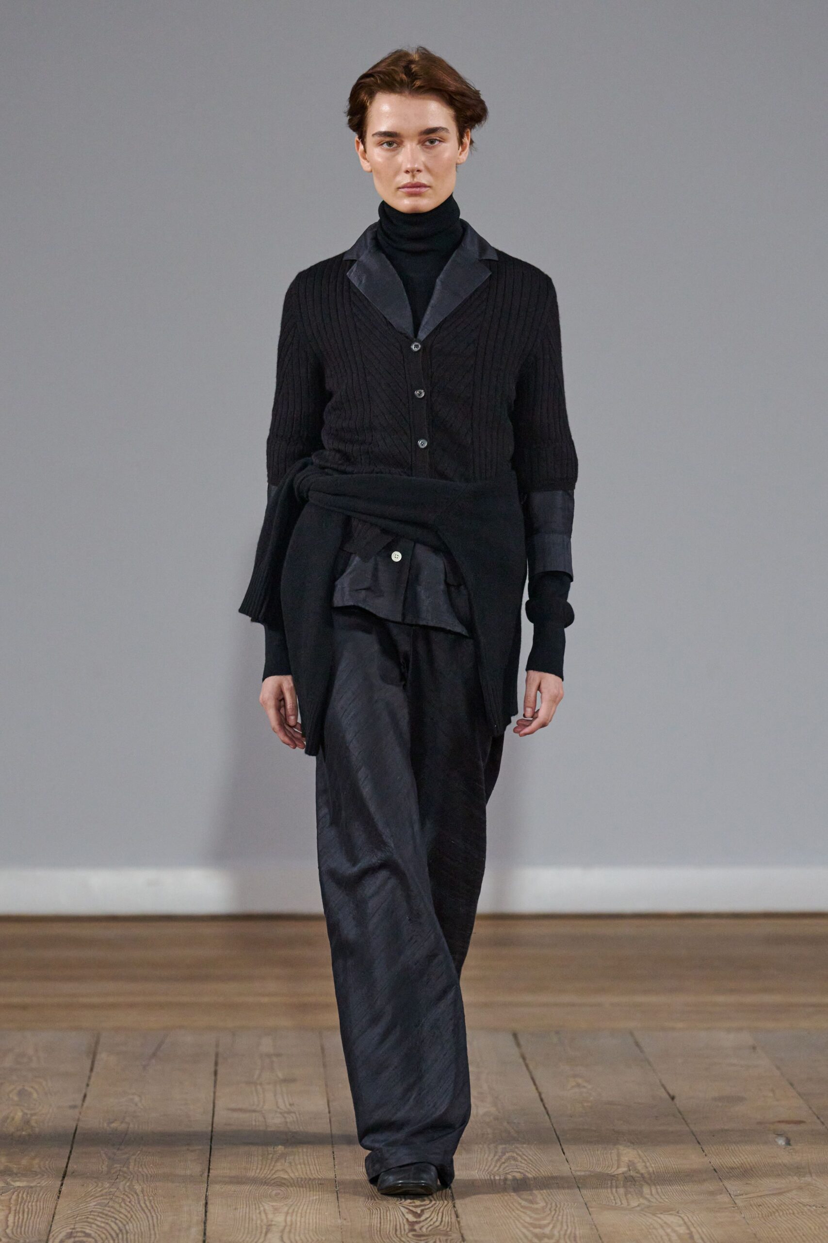black silk relaxed high-waisted pleated pants