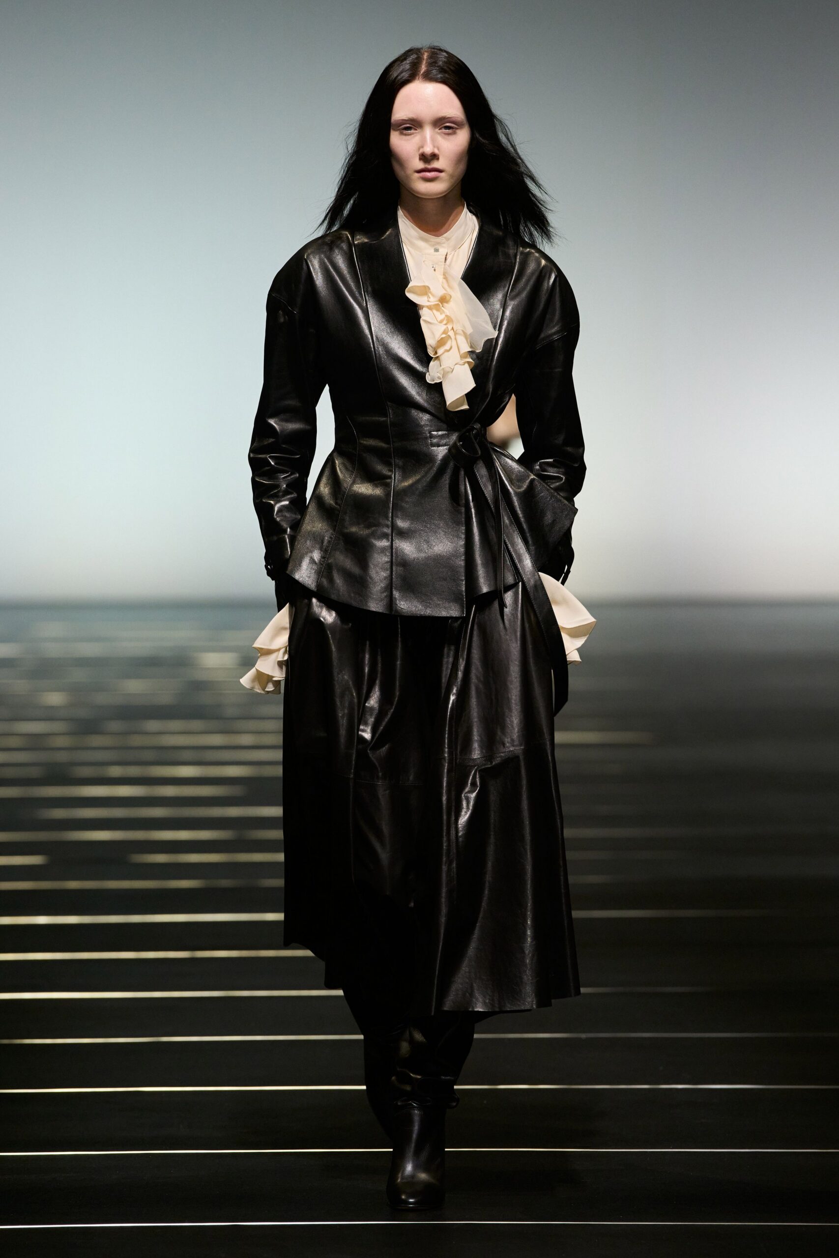 black leather long-sleeve v-neck fitted pleated belted dress