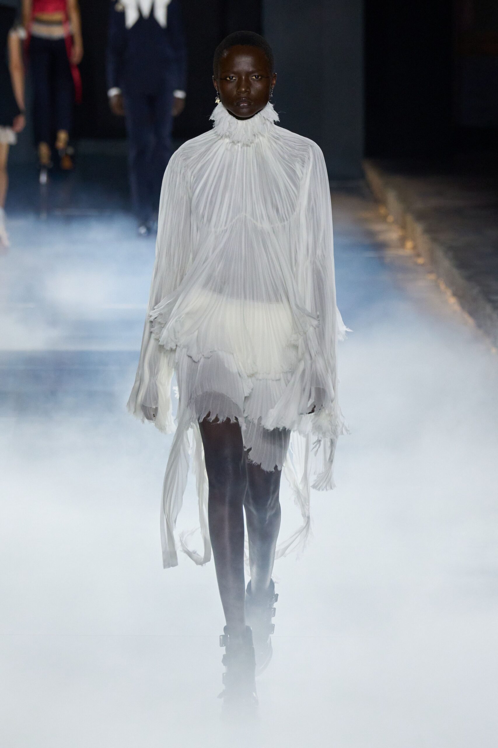 white silk long-sleeve high-neck relaxed pleated fringed dress