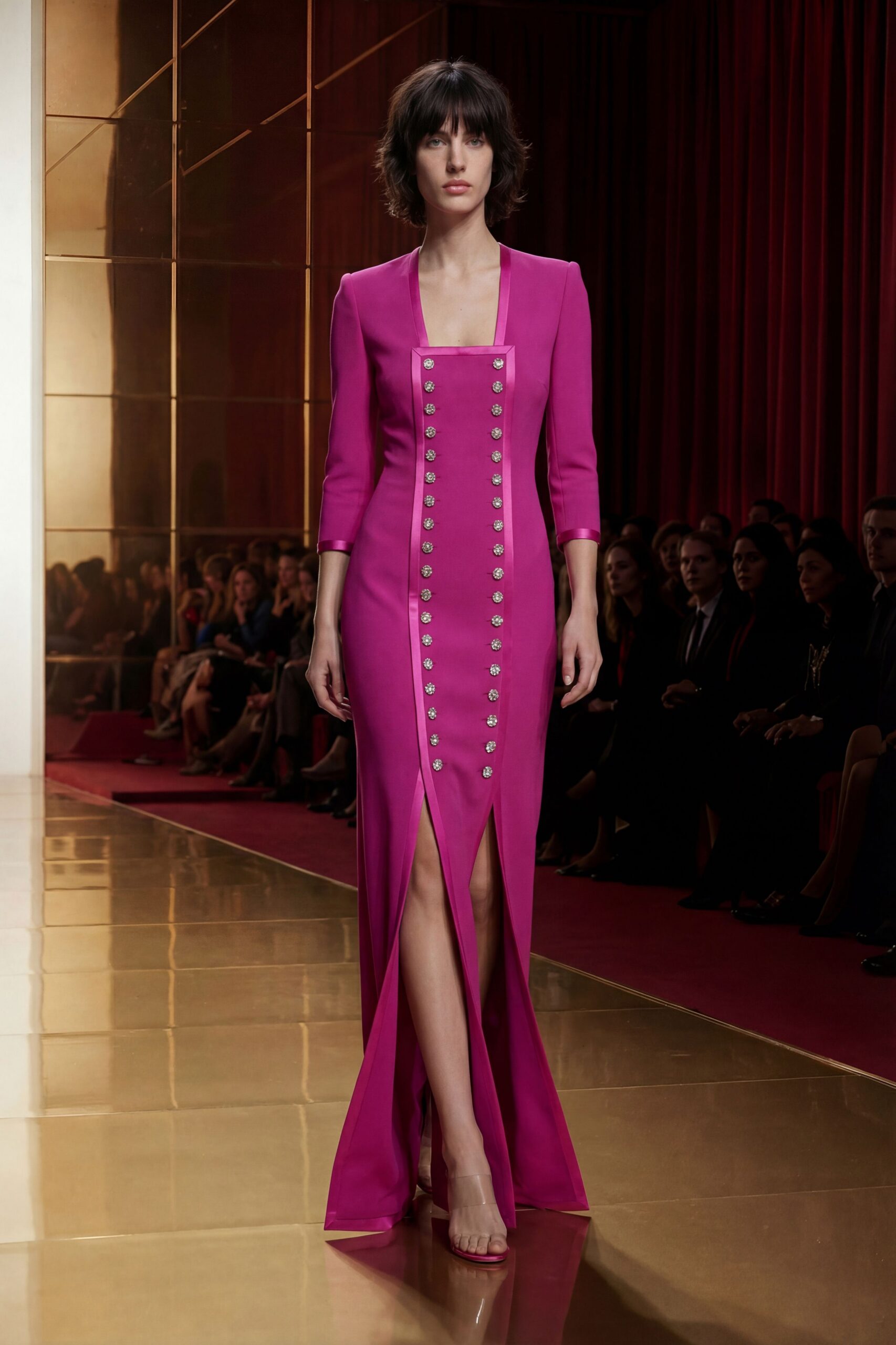 pink silk long-sleeve v-neck fitted buttoned maxi gown