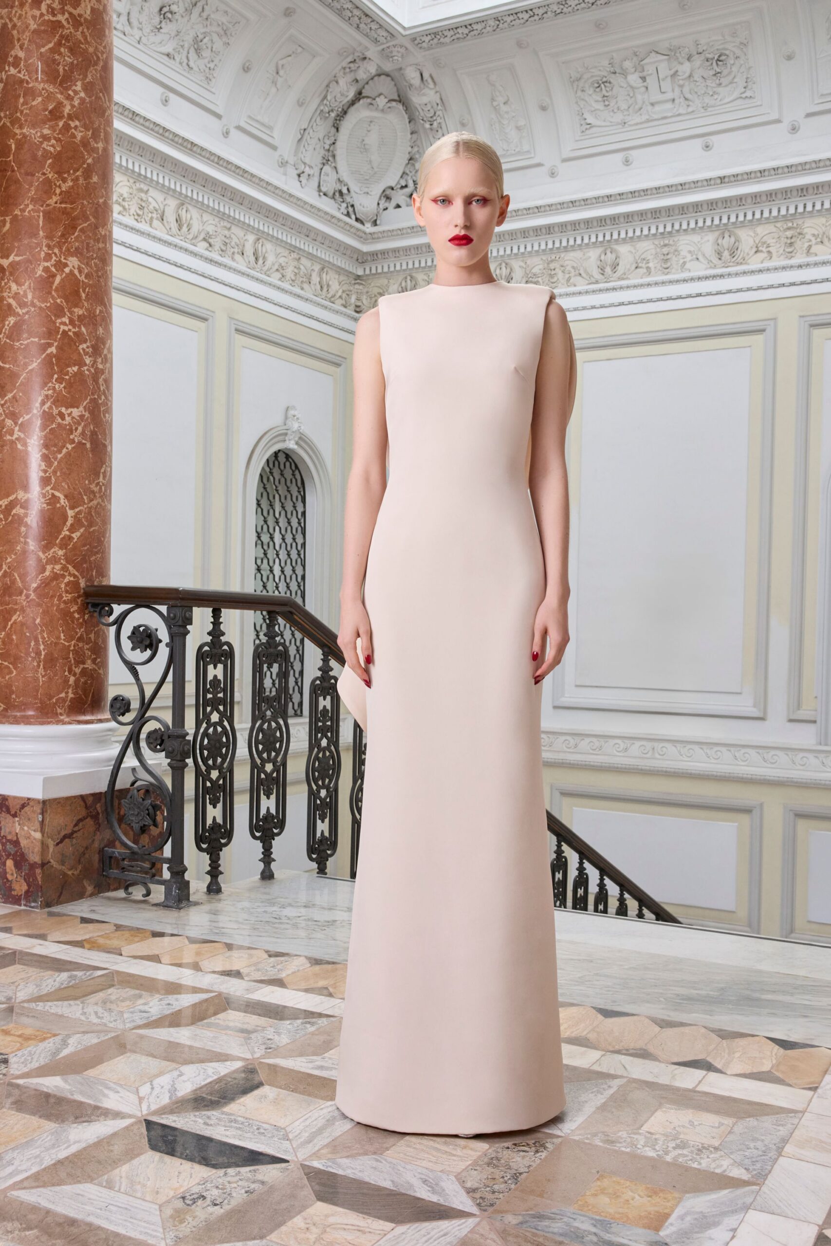 beige silk sleeveless gown