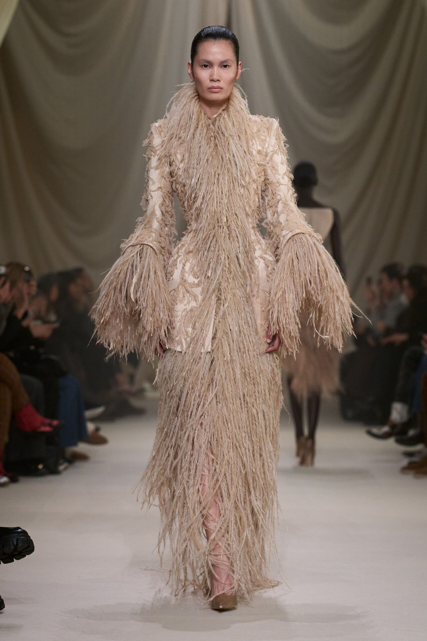 beige silk long-sleeve high-neck fitted fringed layered gown