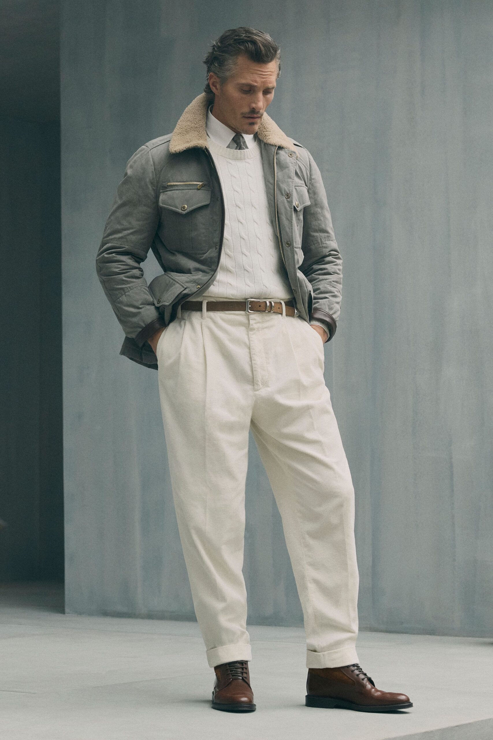 gray cotton long-sleeve collared structured buttoned jacket