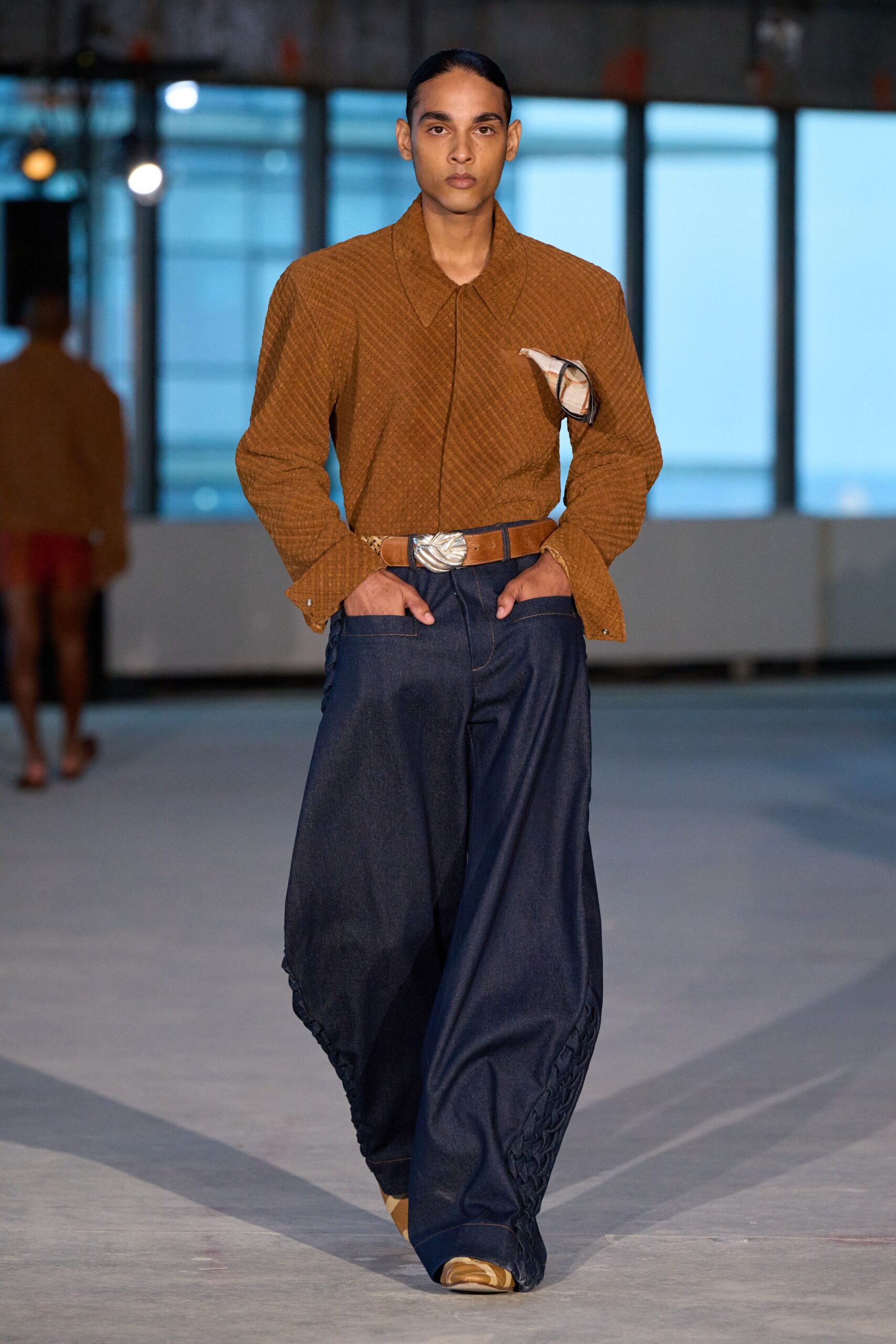 brown cotton long-sleeve collared relaxed textured shirt