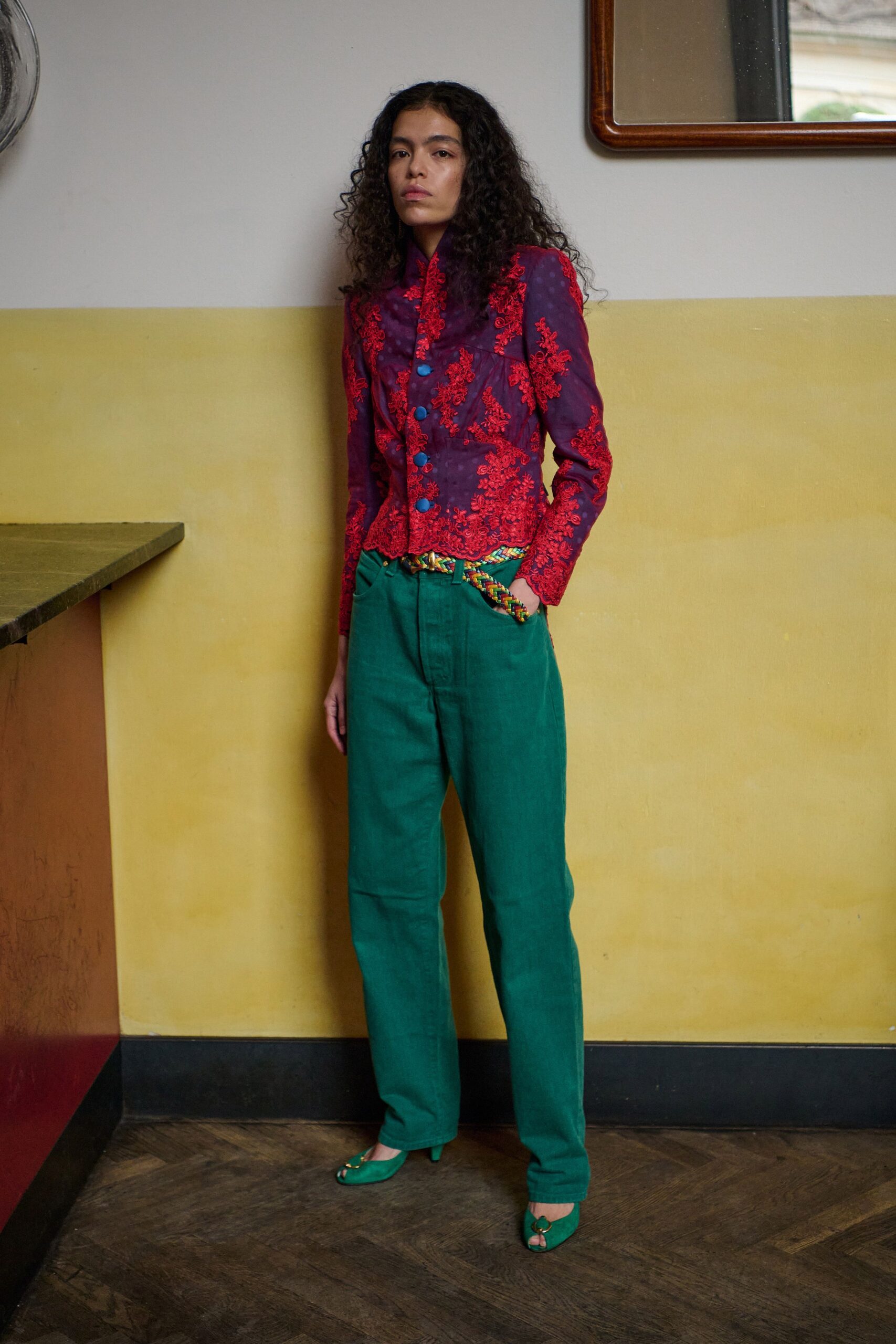 purple cotton long-sleeve collared fitted embroidered jacket