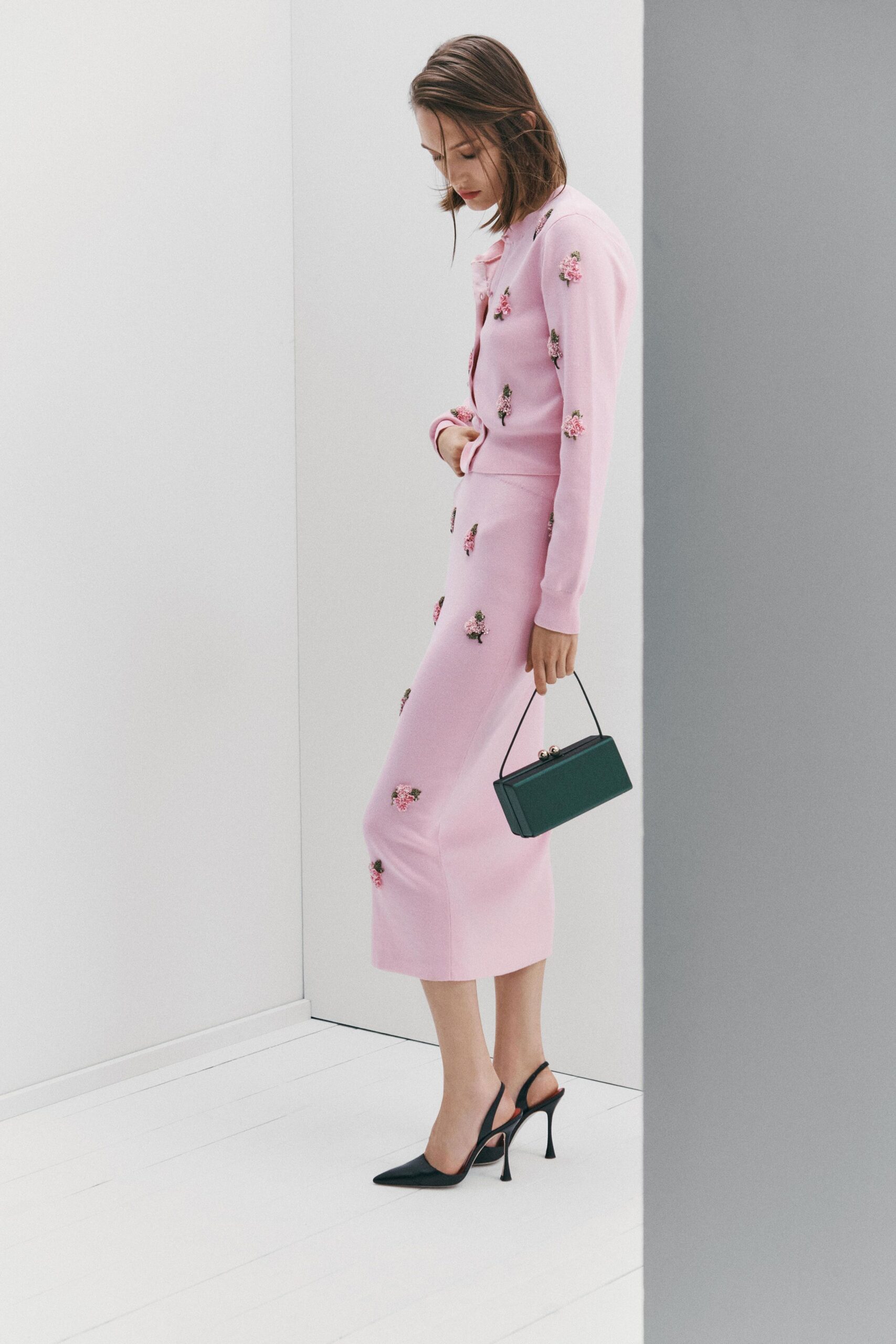 pink cotton long-sleeve collared fitted embroidered top