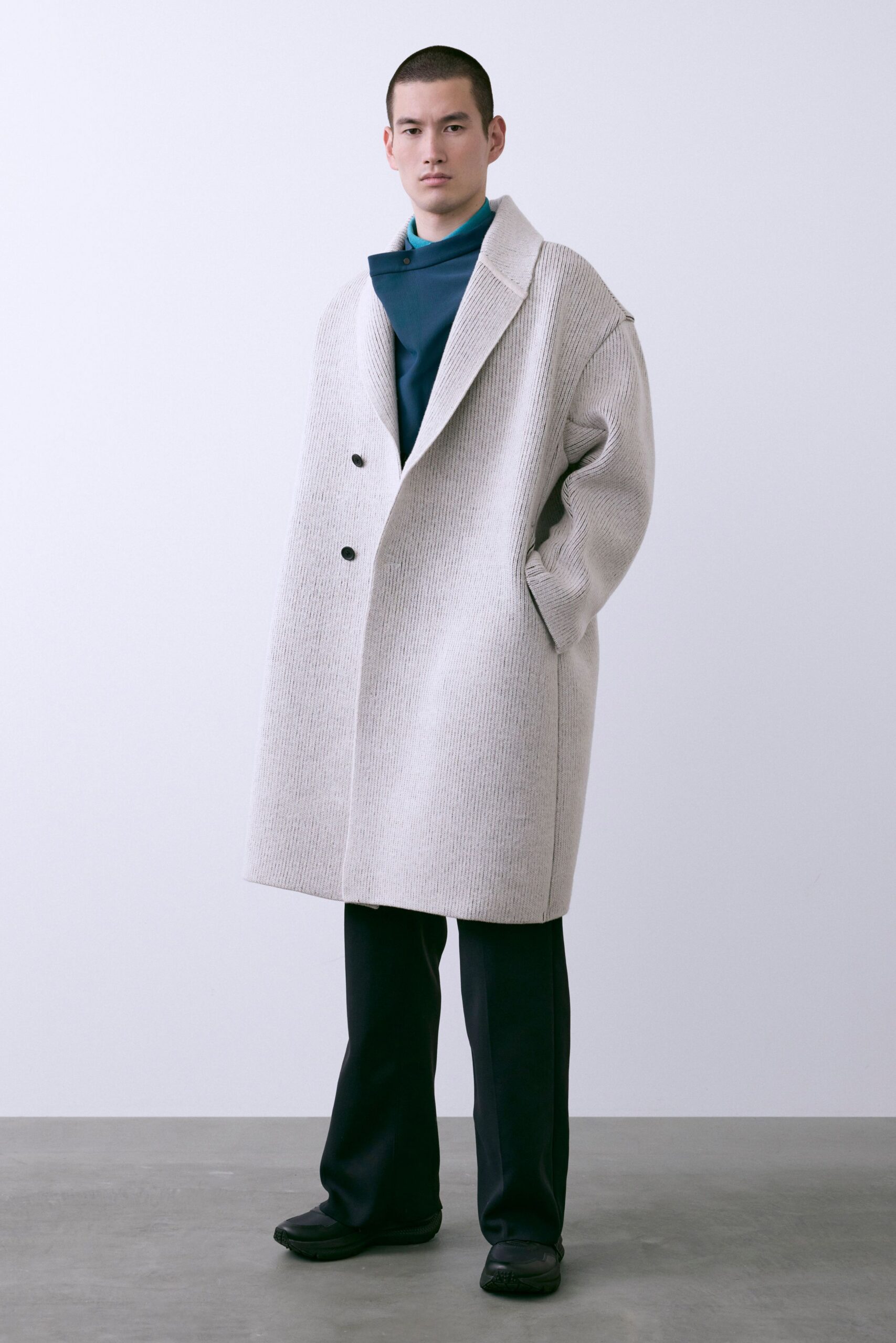 beige wool long-sleeve collared oversized textured coat
