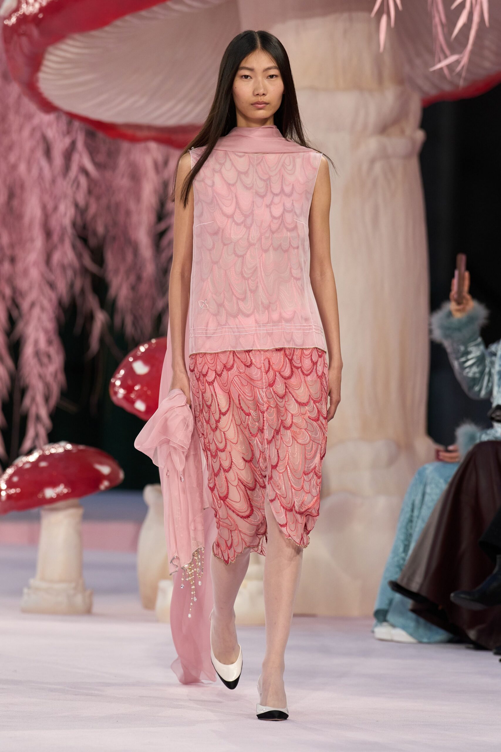pink silk sleeveless high-neck fitted layered sheer top