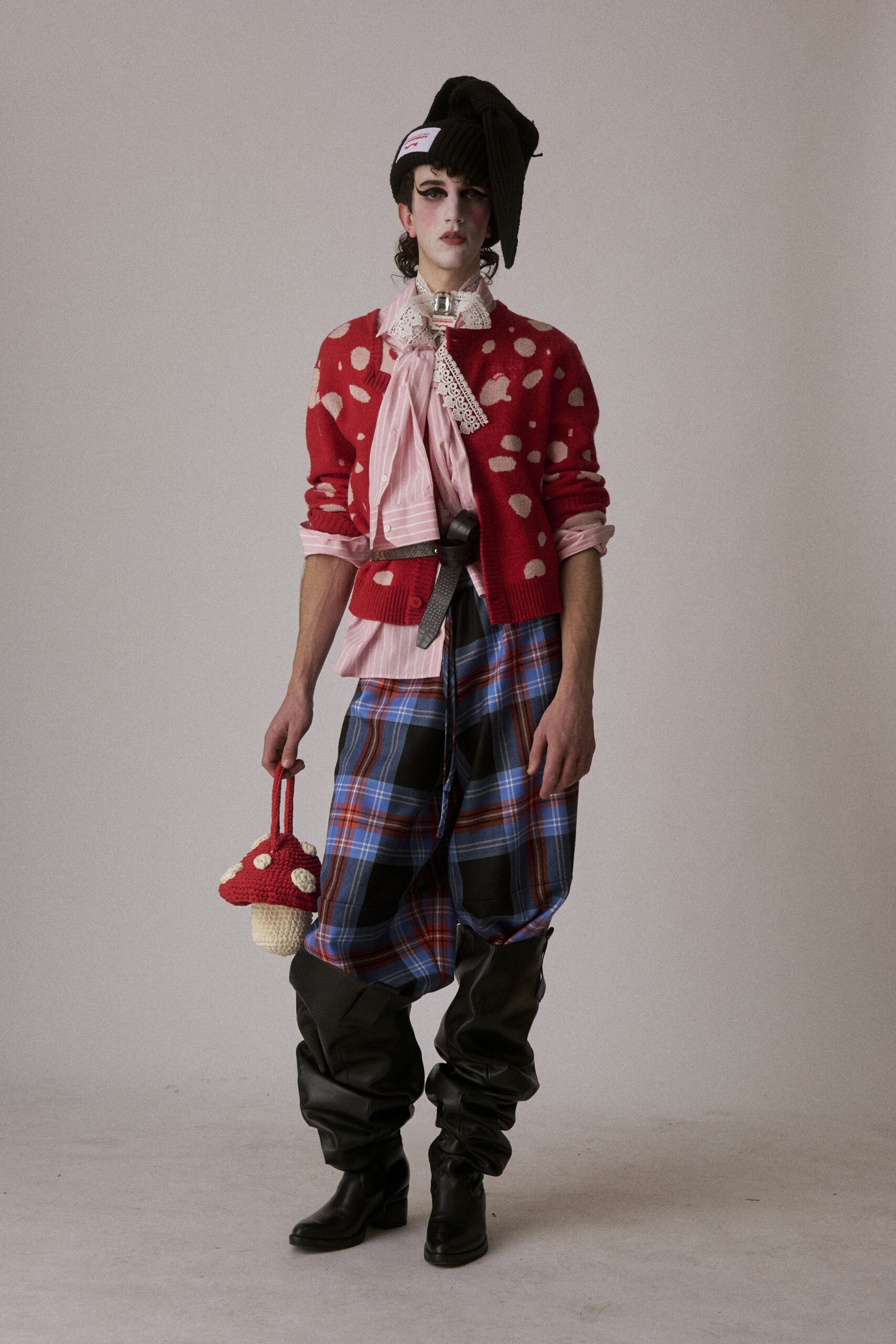 red wool long-sleeve relaxed polka-dot cardigan