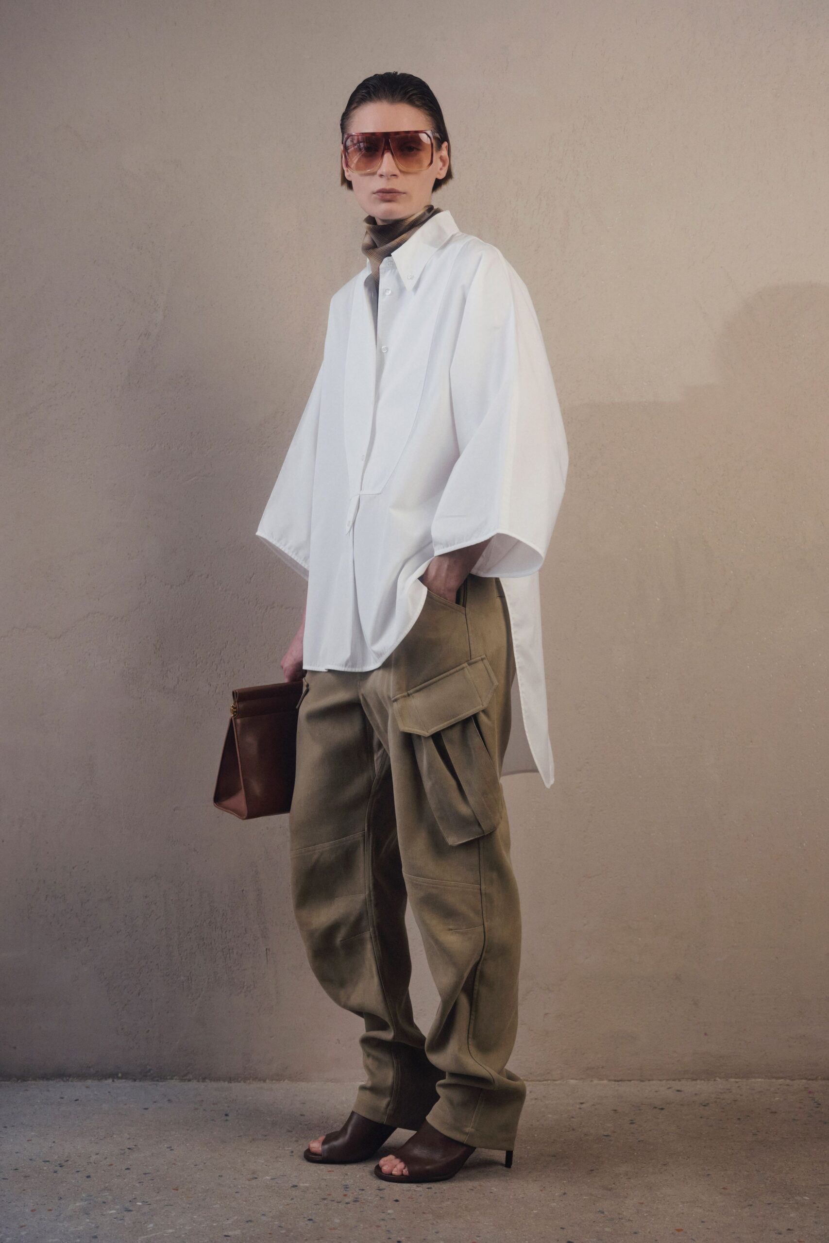 white relaxed shirt beige cargo pants