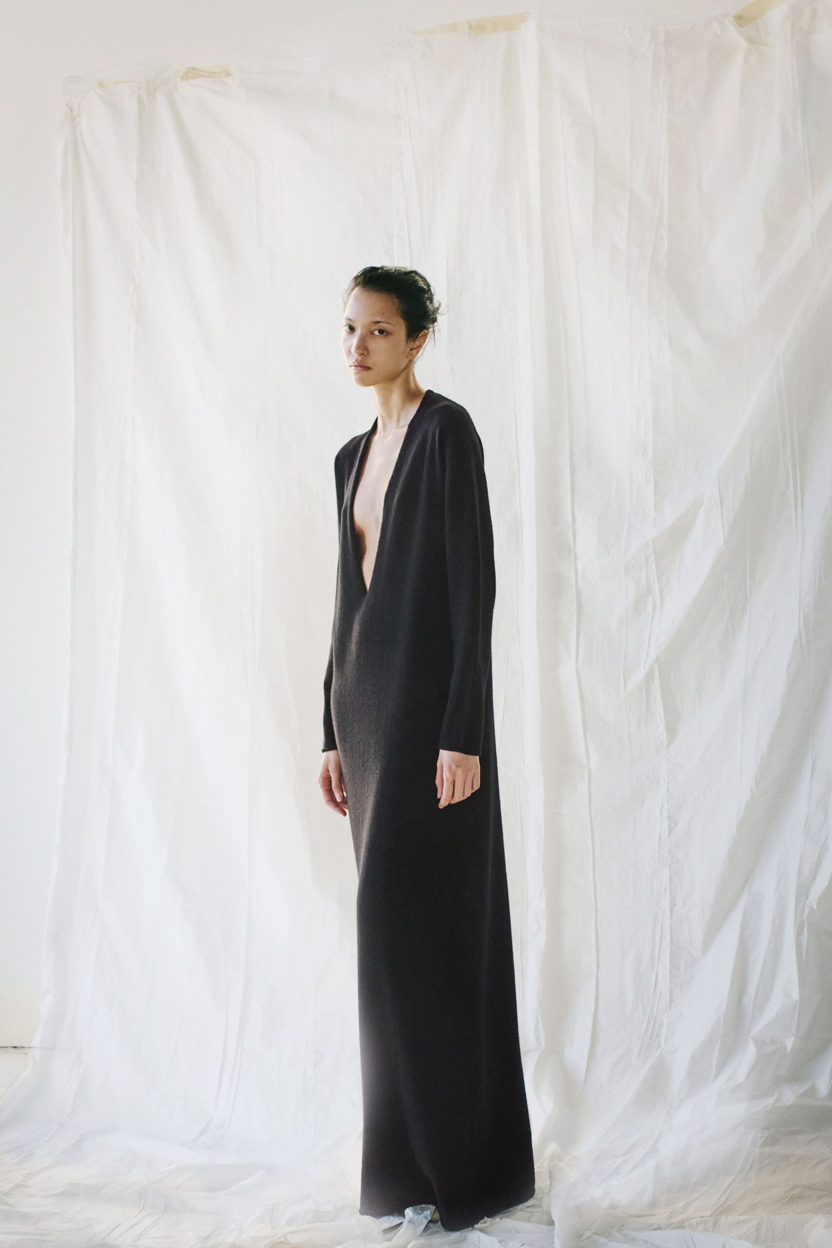 black wool long-sleeve gown