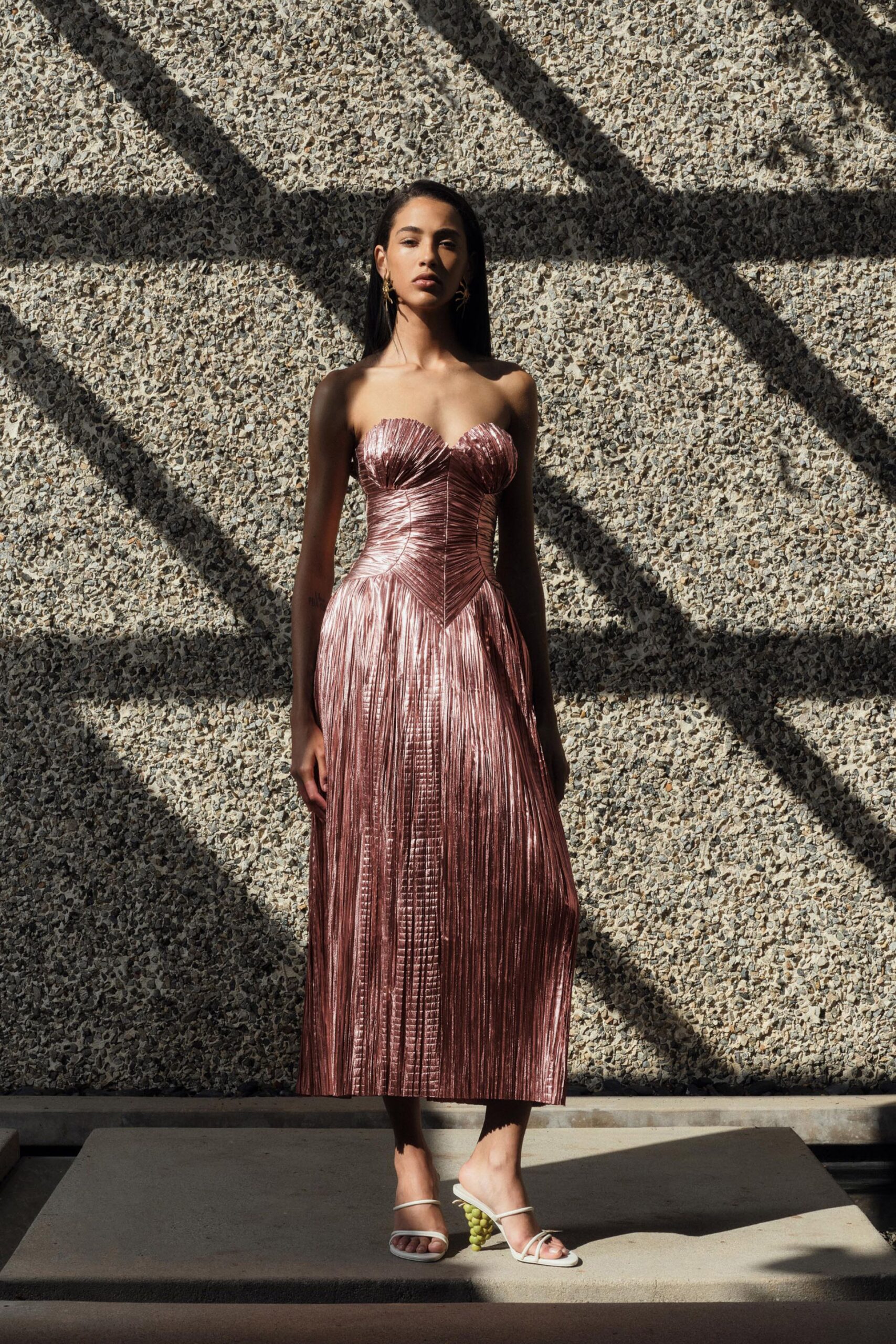 pink silk strapless fitted pleated shiny midi gown