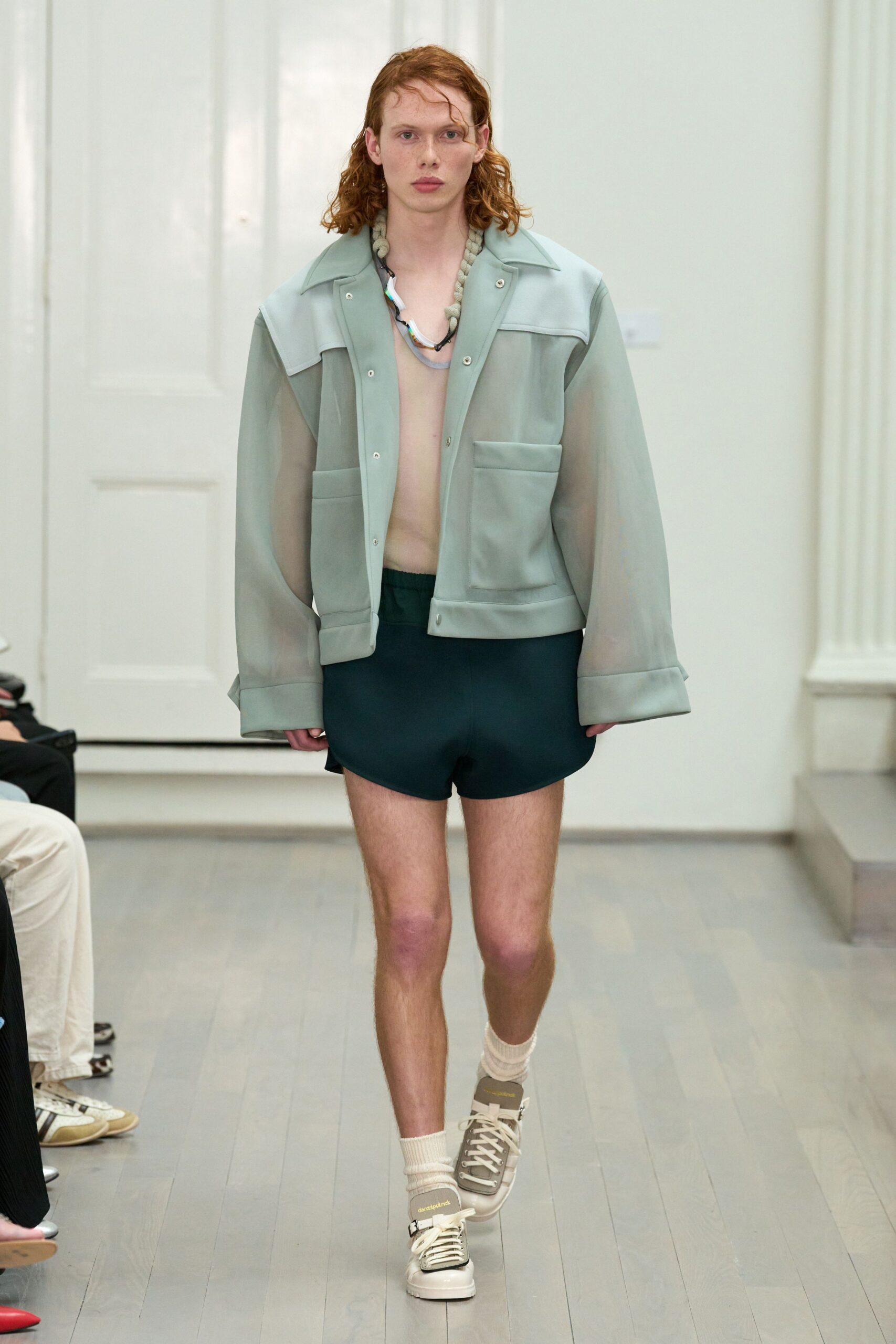 green cotton long-sleeve collared relaxed buttoned sheer jacket