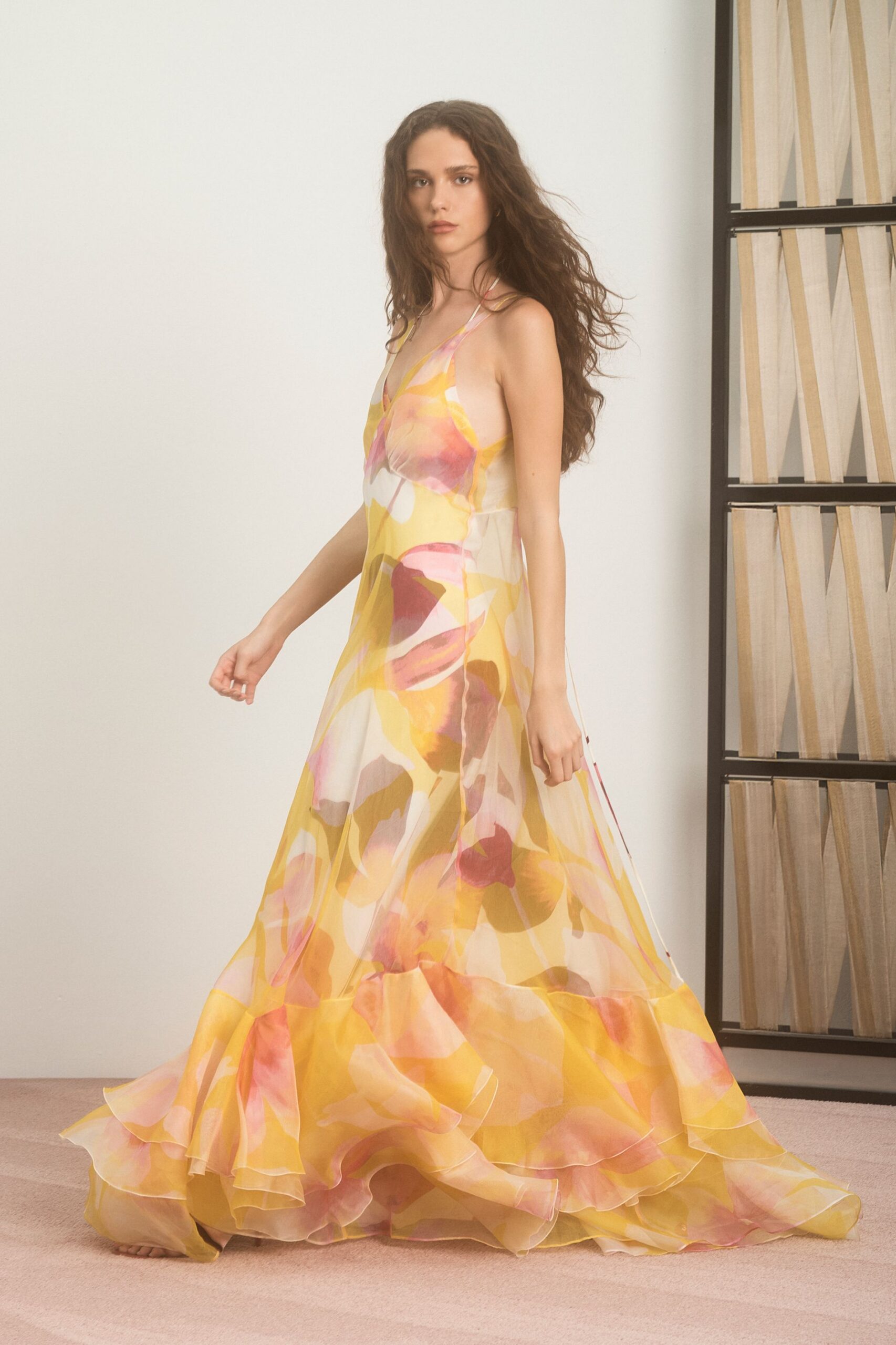 yellow pink orange flowing gown