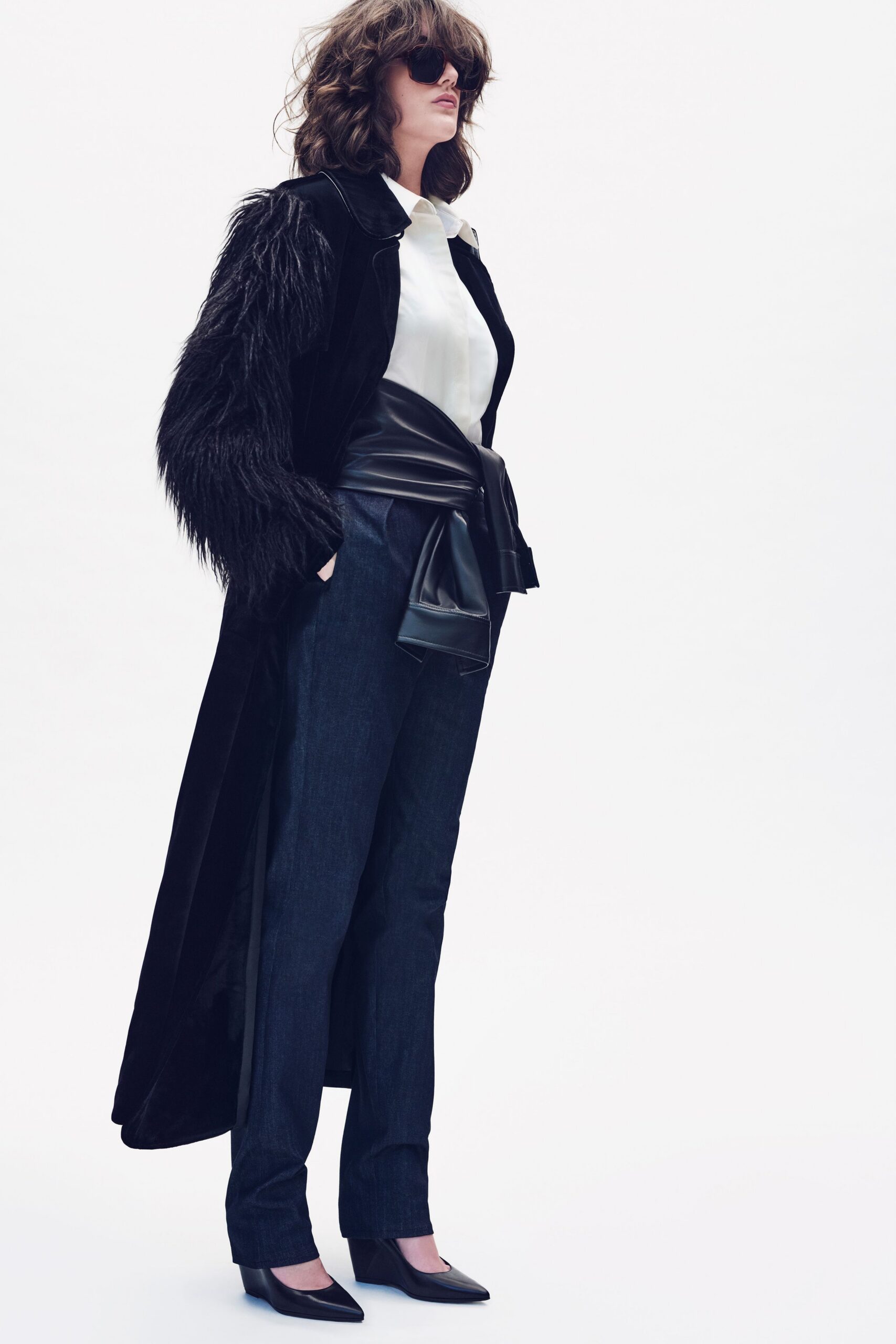 black velvet long-sleeve relaxed fringed maxi coat