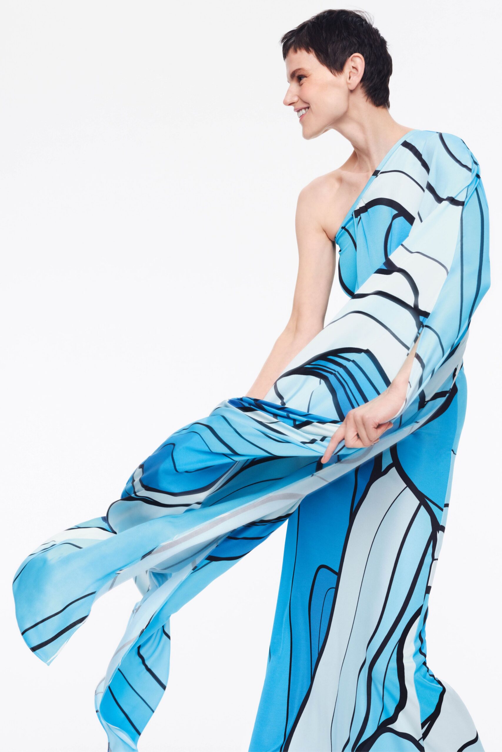 blue silk off-shoulder gown