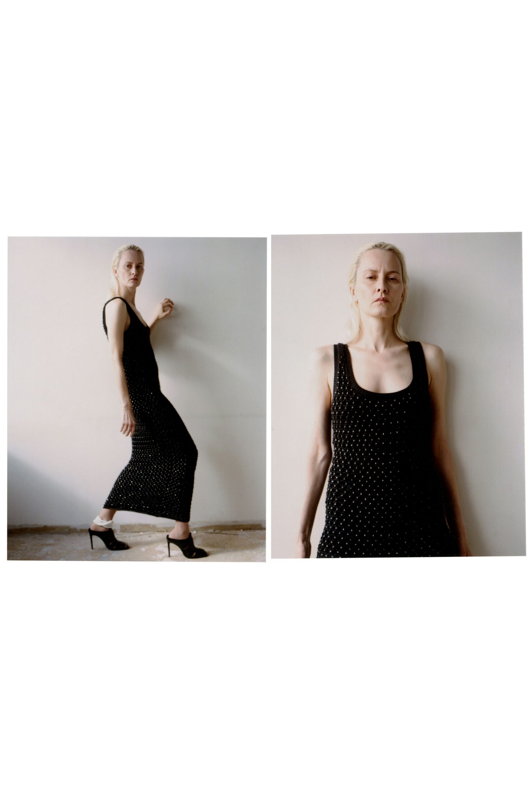 black polka-dot midi dress with heels