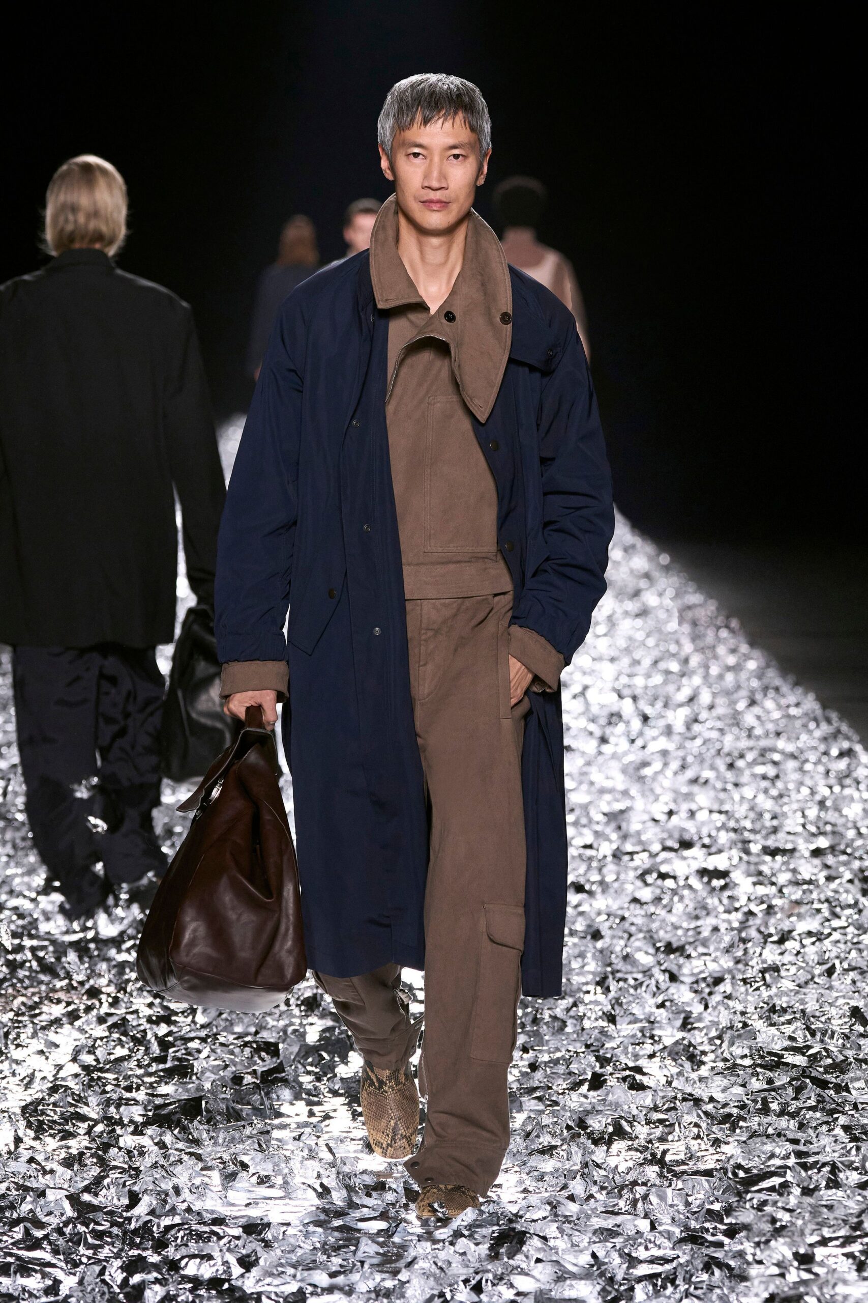 navy coat brown jumpsuit